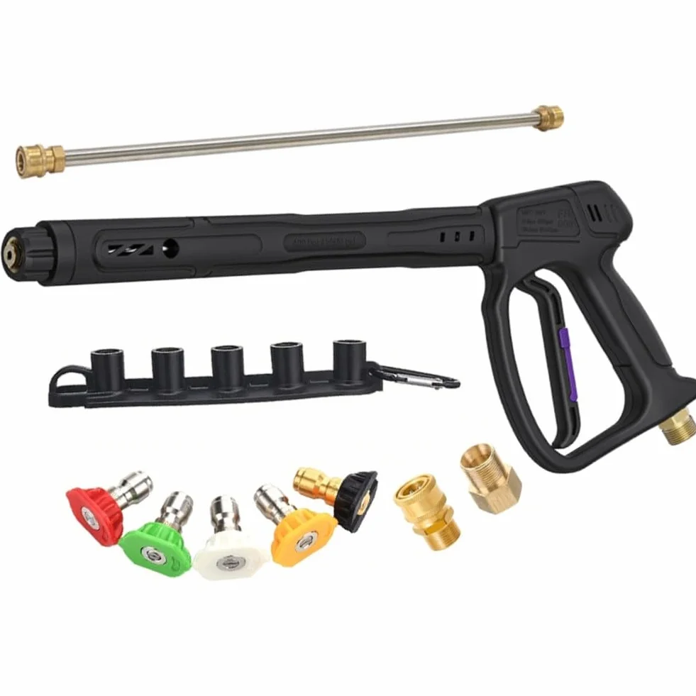 Lavadora de alta presión de 400 bar con lanza ajustable y cinco boquillas de pulverización. Pistola de alta presión de 400 bar con brazo giratorio, 5 boquillas y lanza ajustable.