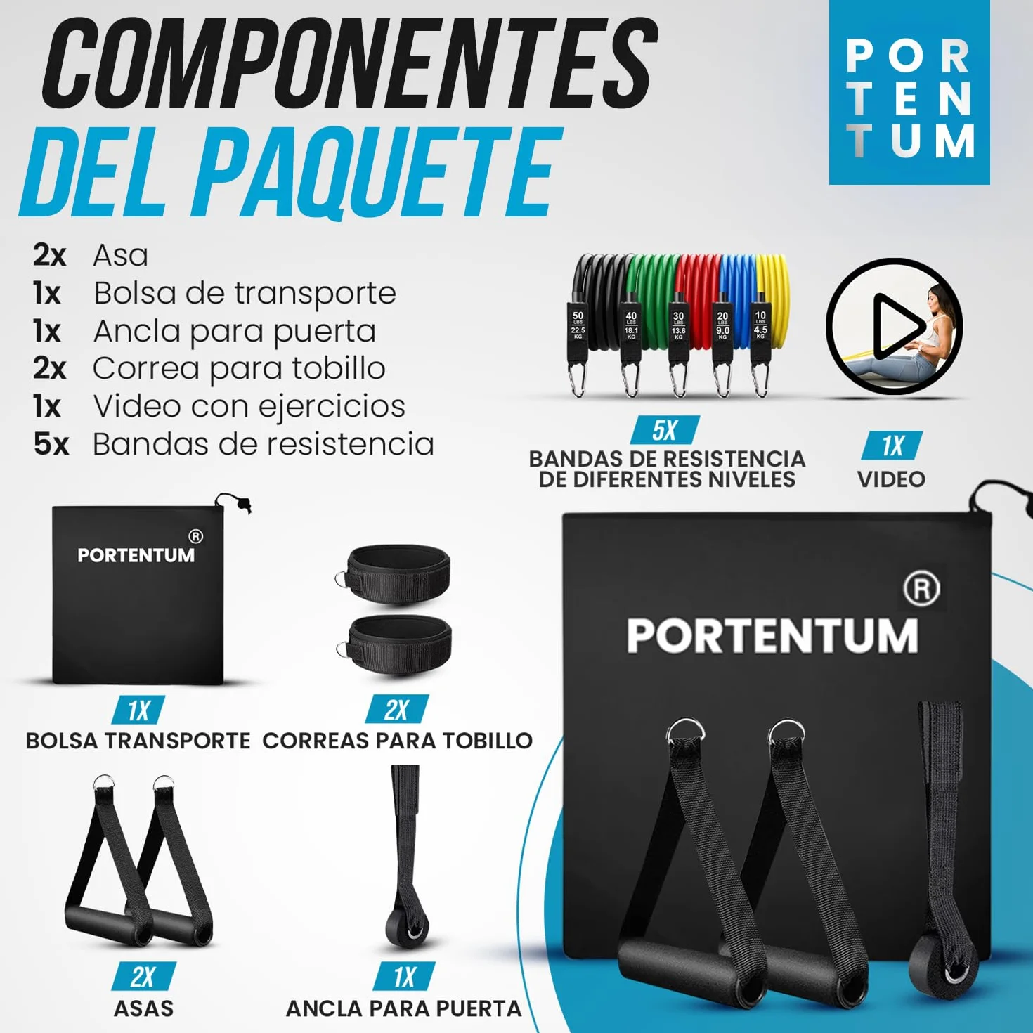 PORTENTUM Gomas elasticas musculación - Bandas elasticas para Yoga Gym Crossfit