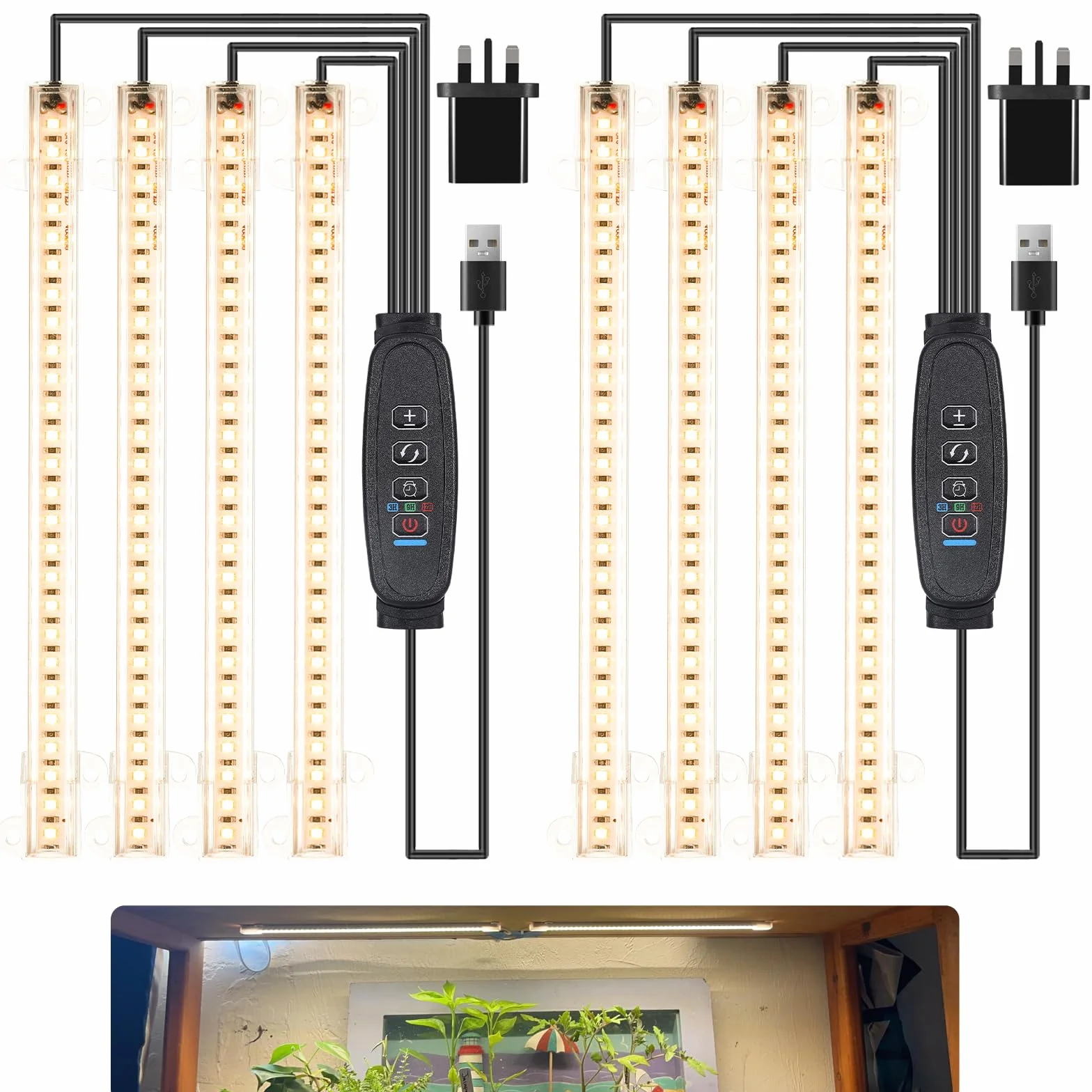 Tiras de luz LED de crecimiento de 8.6 pulgadas, espectro completo de 3500 K, luces de crecimiento para plantas de interior, 4 cabezales con temporizador de 3/9/12 horas, 10 niveles regulables