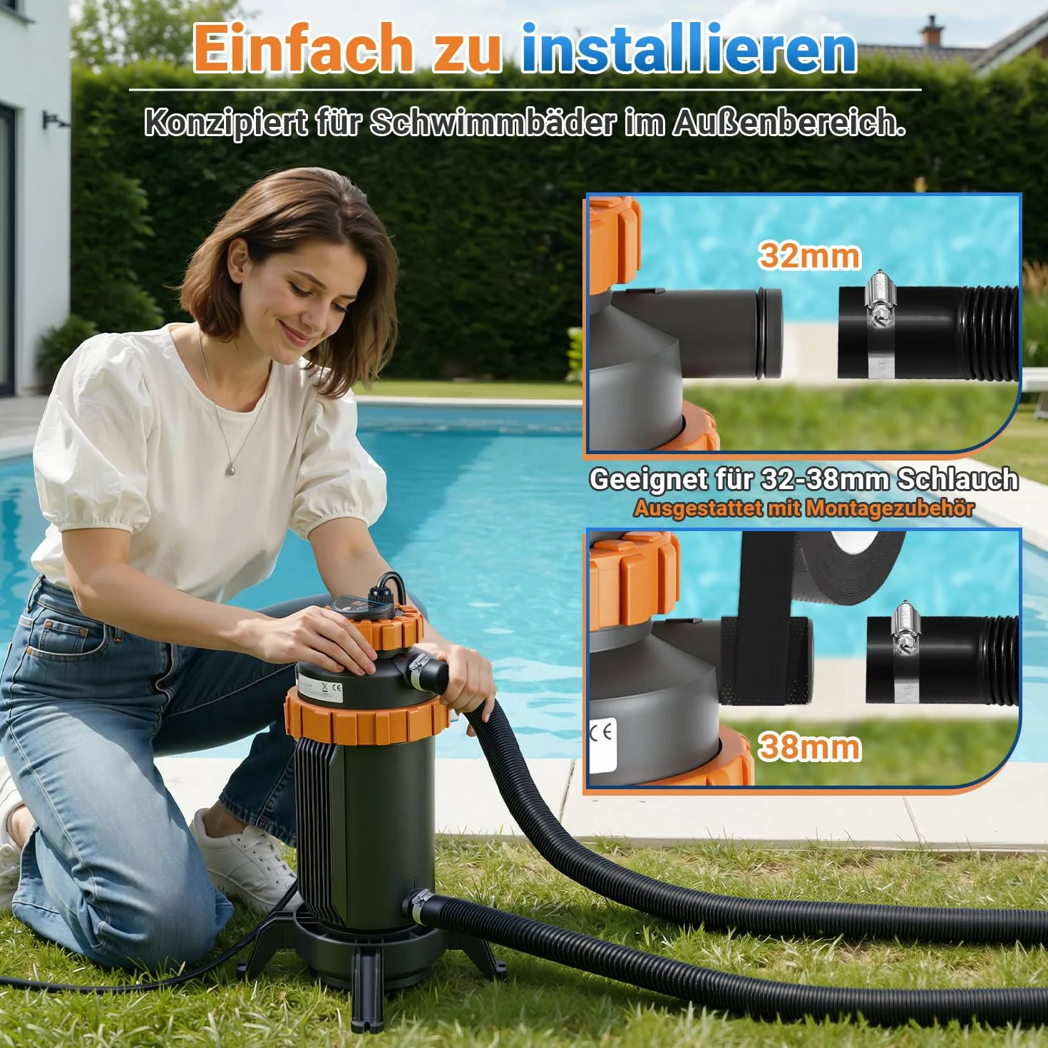 Calentador eléctrico para piscinas 17x42 cm interfaz digital 32-38 mm protección fugas vuelco ignífugo 45°C