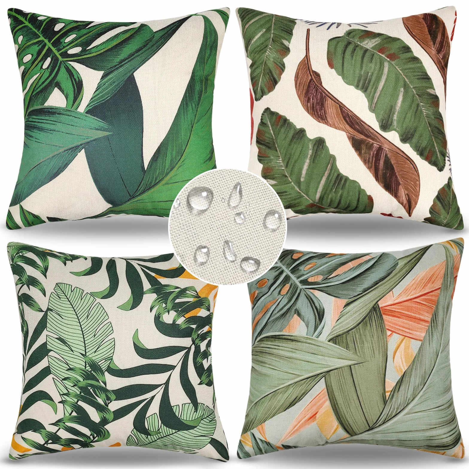 Fundas de Cojines Exterior 40x40cm Impermeable Plantas Tropicales Lino 4 Piezas