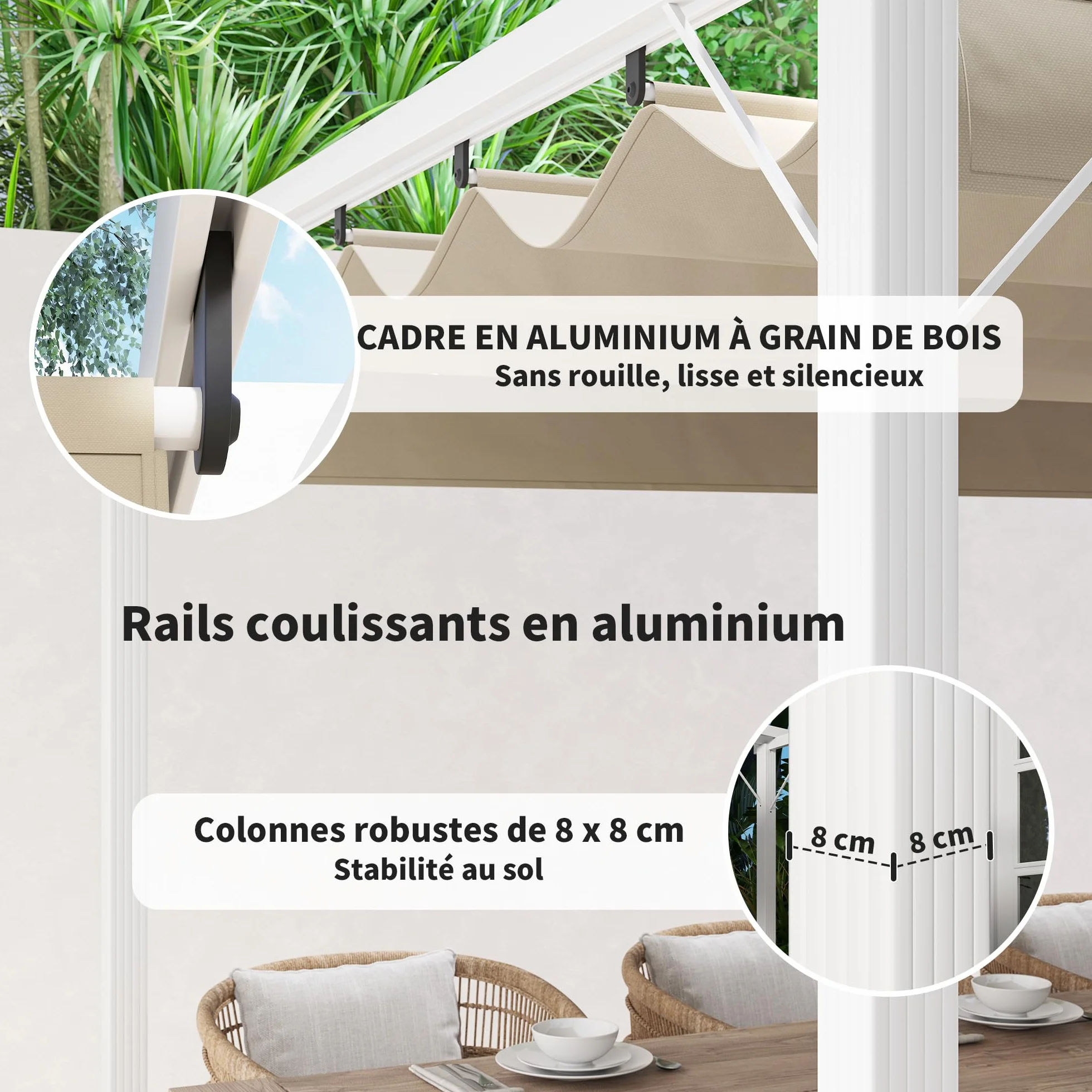 Outsunny Pérgola Exterior Aluminio Retráctil 3x4 m, Cenador Techo Poliéster 180g/m², Protección Solar UPF30+, Blanco