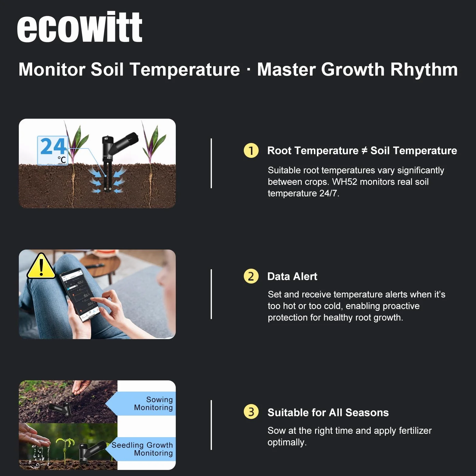 ECOWITT WH52 Sensor de Humedad del Suelo 3 en 1 16 Canales + EC + Temperatura, Higrómetro para Plantas Interior/Exterior