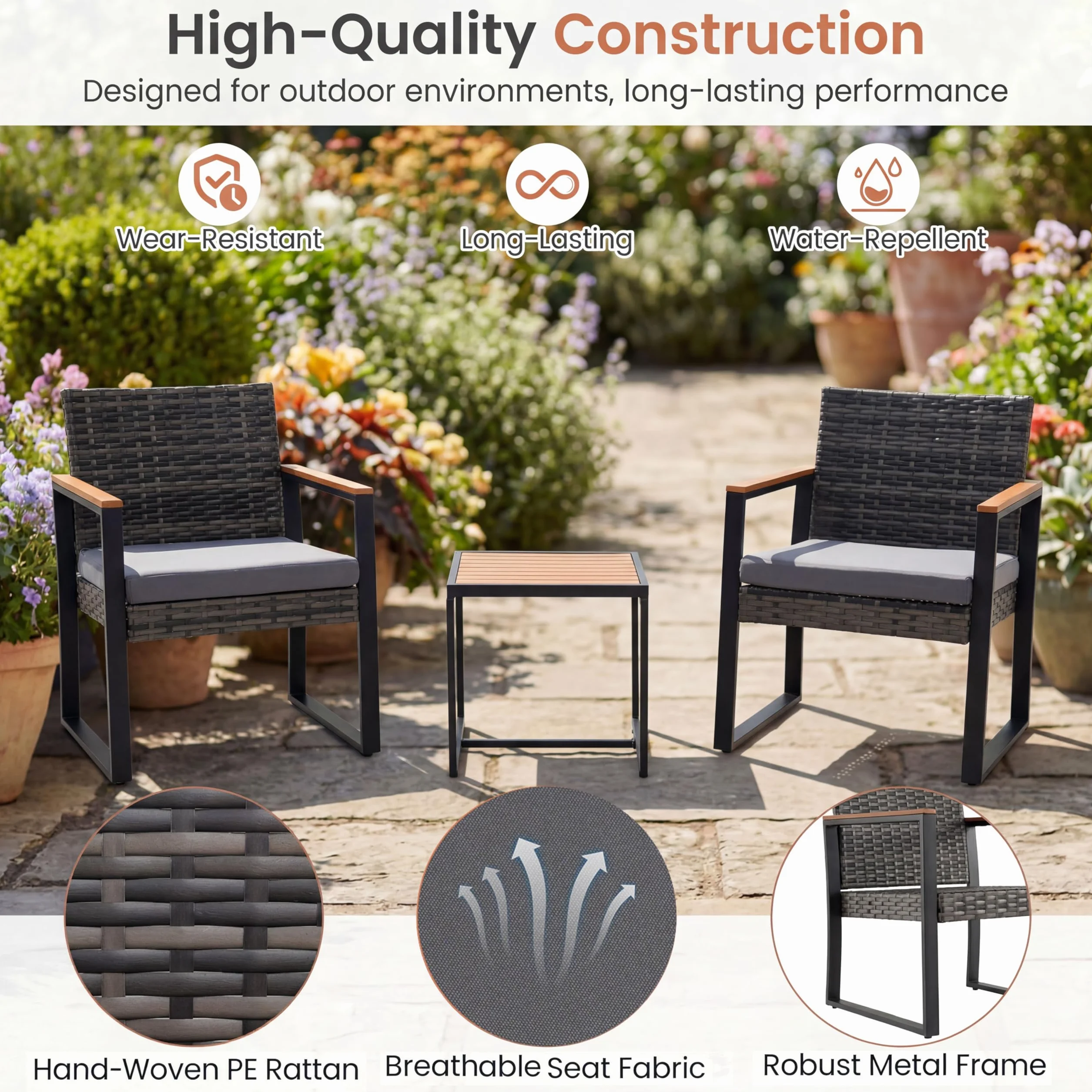 LIFEZEAL Set de 3 Piezas Muebles de Ratán PE, Mesa y Sillas Exterior, Cojines y Patas Ajustables Gris