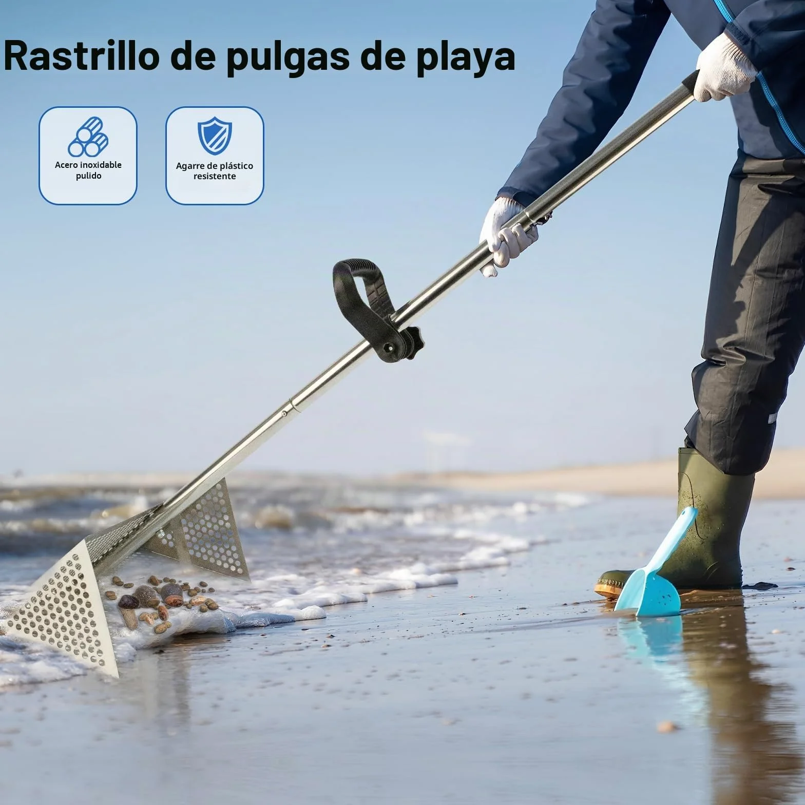 Colador de arena de acero inoxidable con cesta trapezoidal ancha, rastrillo de playa extraíble de mango largo