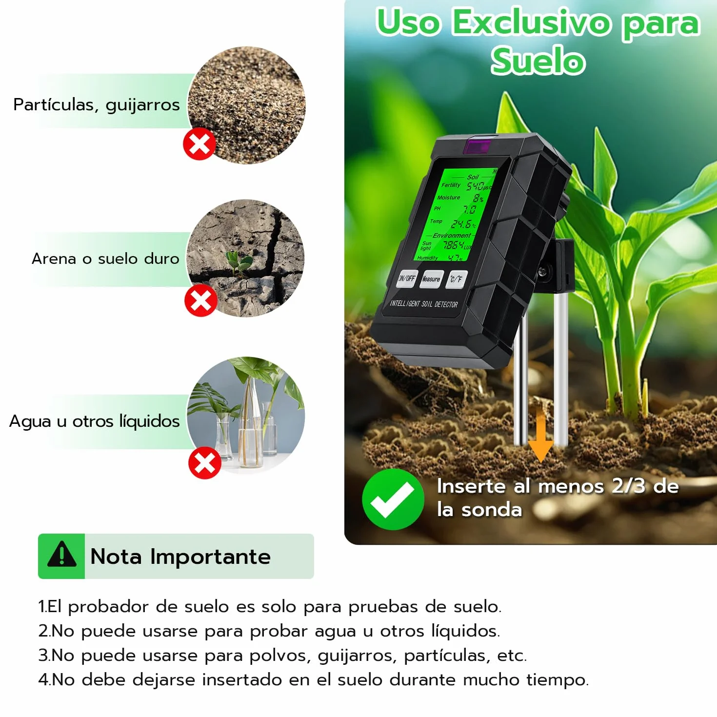 Wigearss Medidor de Suelo 6 en 1, Medidor de Fertilidad del Suelo/Luz Solar/Humedad Ambiental/pH/Temperatura con Pantalla LCD