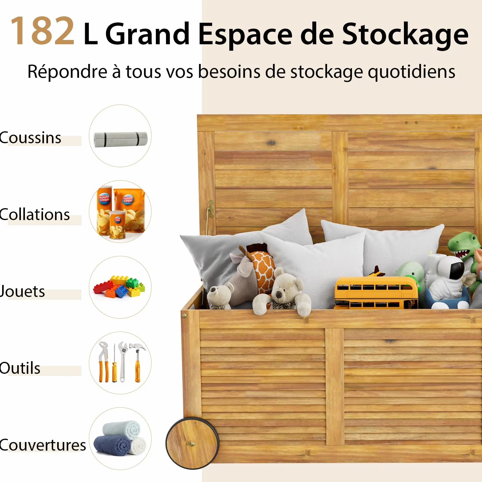 GOPLUS Caja de almacenamiento exterior 182L rodante madera de acacia con ruedas asa lateral impermeable