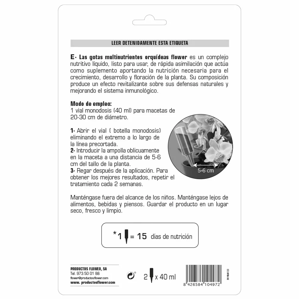 Flower Gotas Multinutrientes para Orquídeas 40 ml Paquete de 2 Abono Monodosis