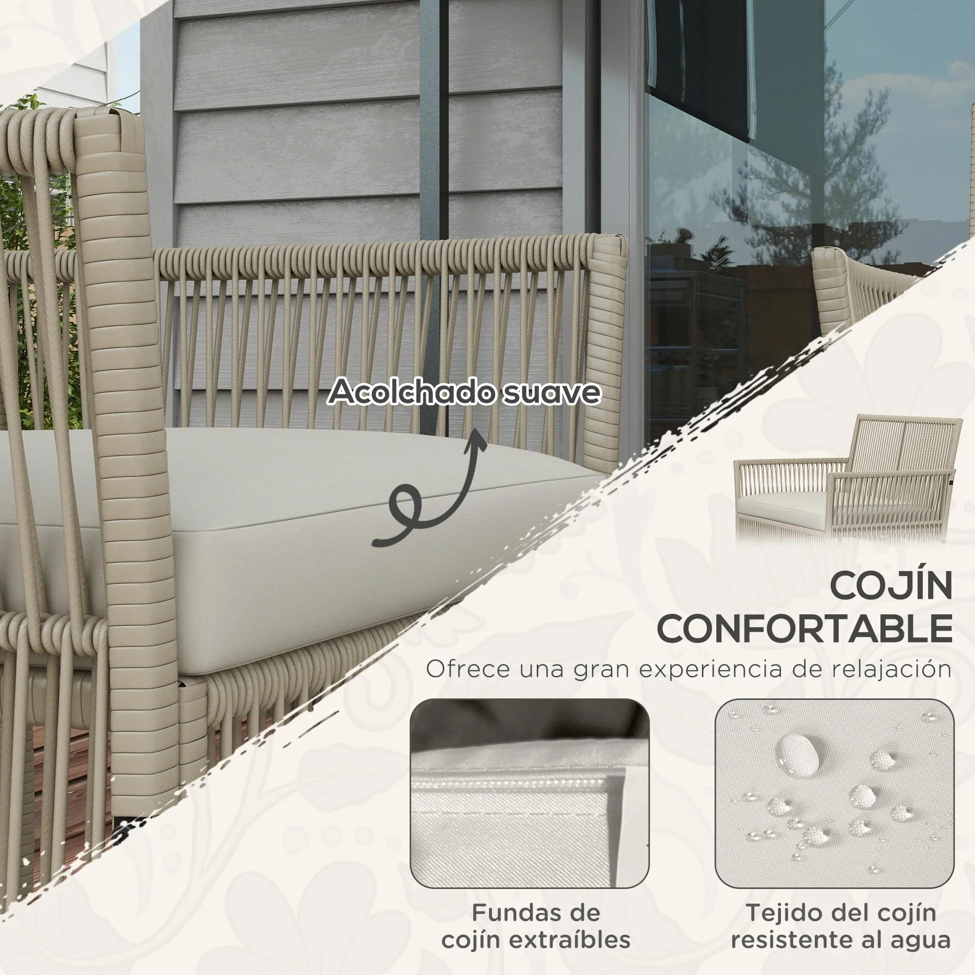 Outsunny Conjunto Jardín Exterior Ratán 4 Piezas Sofá 2 Plazas Sillones Cojines Mesa Tablero Vidrio Caqui