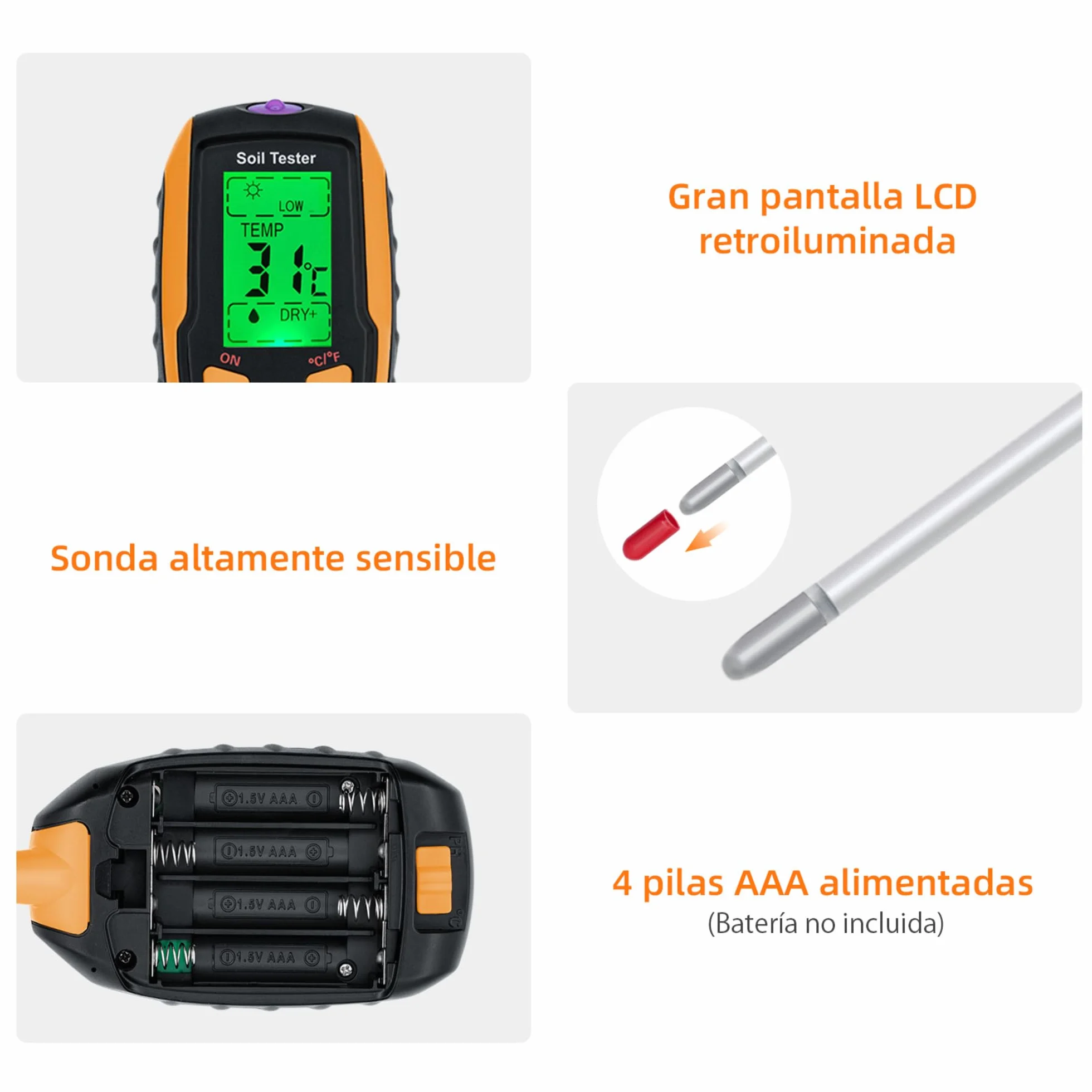 Mcbazel Medidor de Suelo 4 en 1, Probador de pH Humedad Temperatura Luz con Pantalla LCD