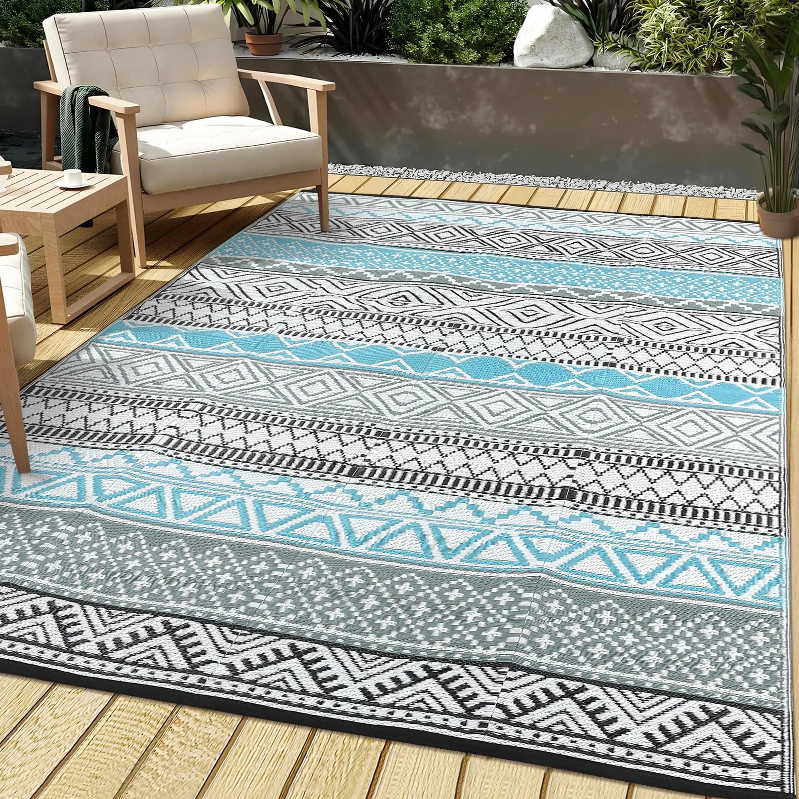 CAROMIO Alfombra exterior 120x240 cm plástico pajita impermeable reversible azul gris