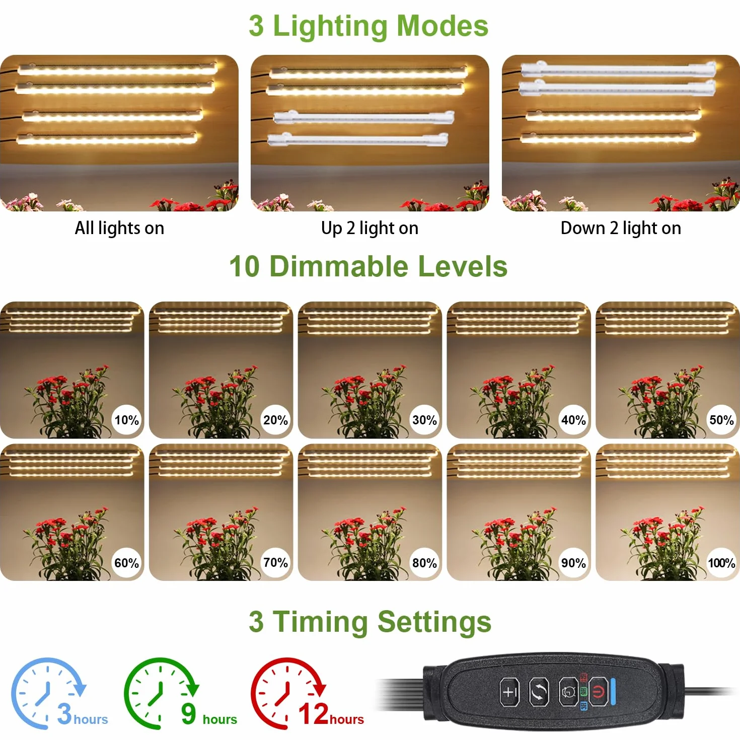 Tiras de luz LED de crecimiento de 8.6 pulgadas, espectro completo de 3500 K, luces de crecimiento para plantas de interior, 4 cabezales con temporizador de 3/9/12 horas, 10 niveles regulables