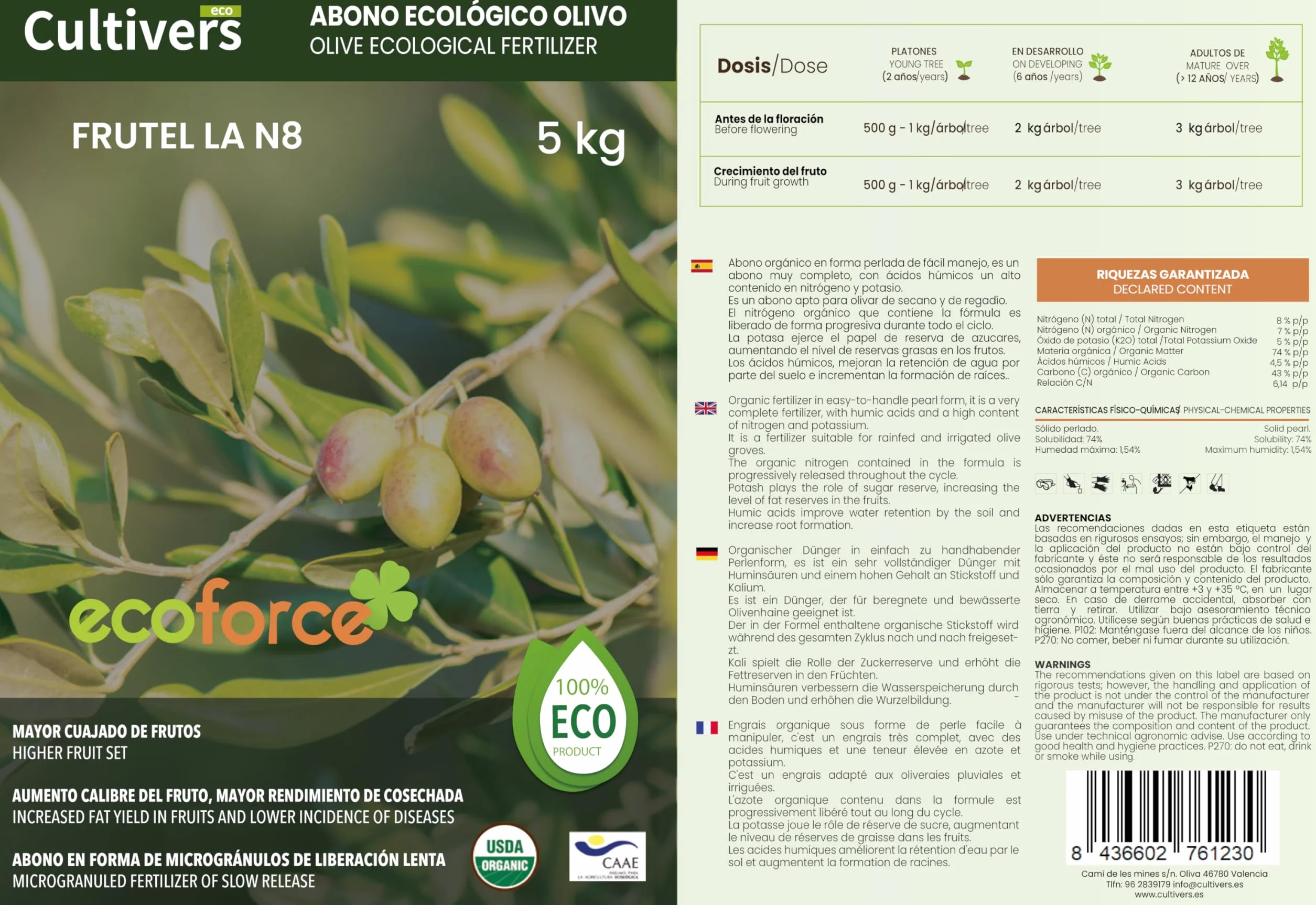 CULTIVERS Abono Ecológico 2x1kg Fertilizante Orgánico Vegano para Olivo y Plantas Mediterráneas
