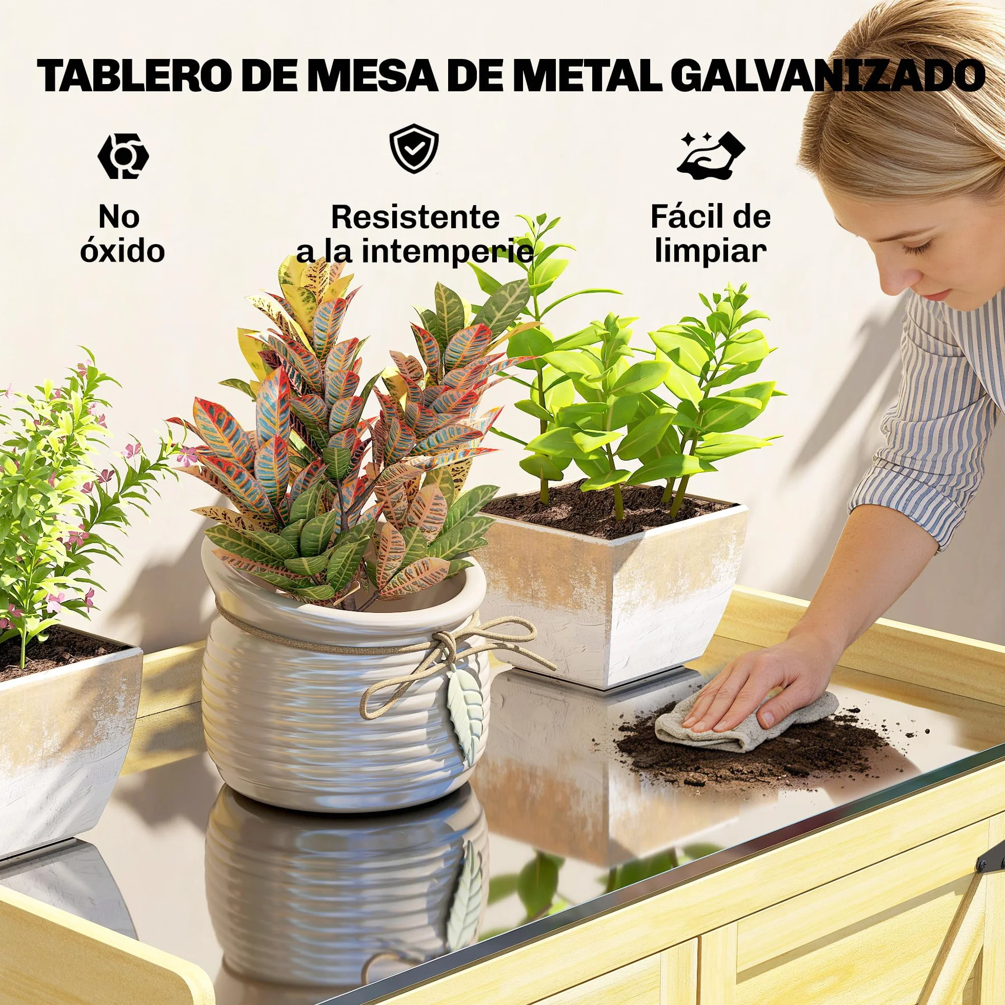 Outsunny Armario Exterior Madera Caseta Jardín Techo Metal Galvanizado Estantes 2 Puertas Ganchos Cobertizo Almacenaje Herramientas 71,5x39x95 cm Natural
