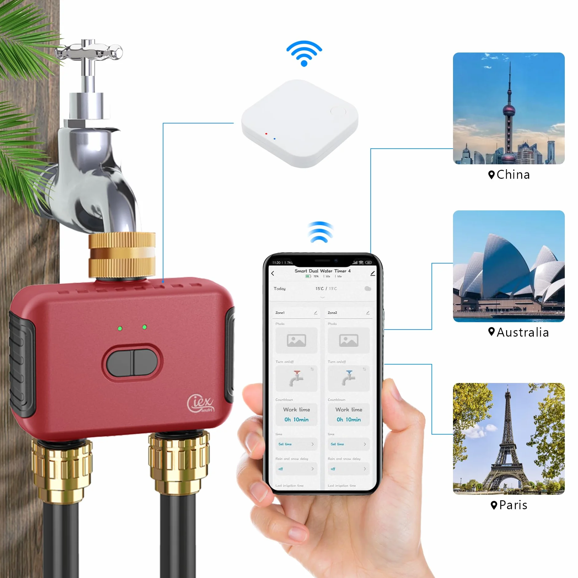GIEX Temporizador de riego ZIGBEE 2 Zonas, Controlador Inteligente para mangueras de jardín, Compatible con Tuya, Smart Life, ZHA y Z2M