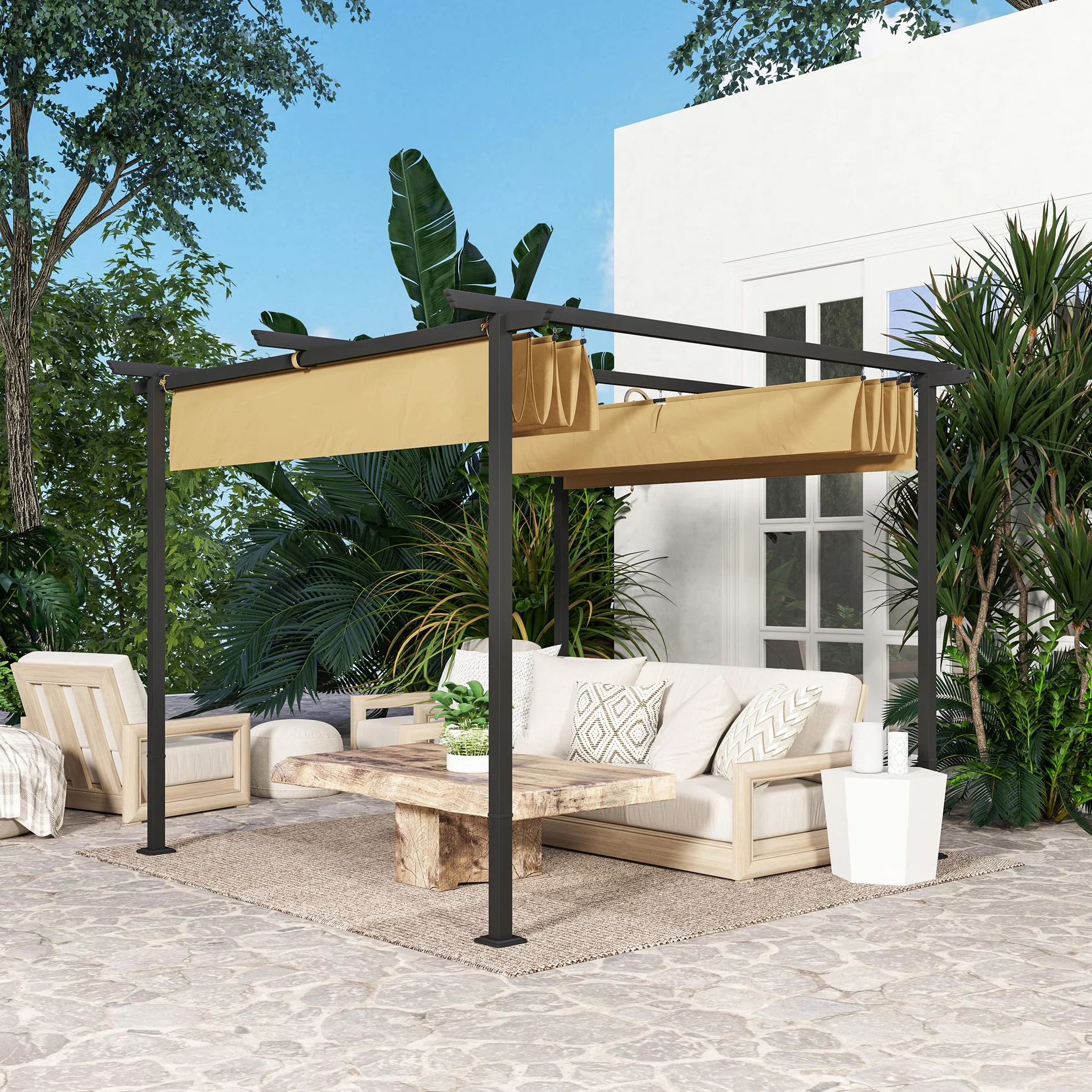 Outsunny Pérgola 3x3m Pabellón de jardín con techo de terraza de metal, pabellón de jardín con techo solar ajustable, protección UV 30+ Protección solar independiente para terraza y jardín, Beige