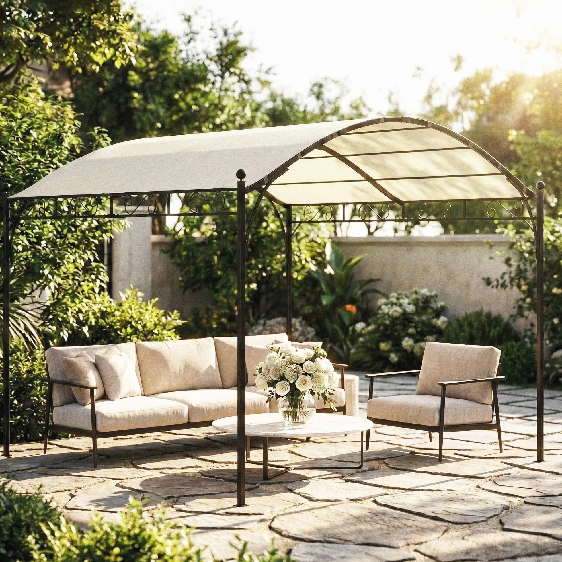 Outsunny Pérgola de Jardín 3x3 m, Cenador con Techo Arqueado, Dosel UV30+, Estructura de Metal Galvanizado, Blanco Crema