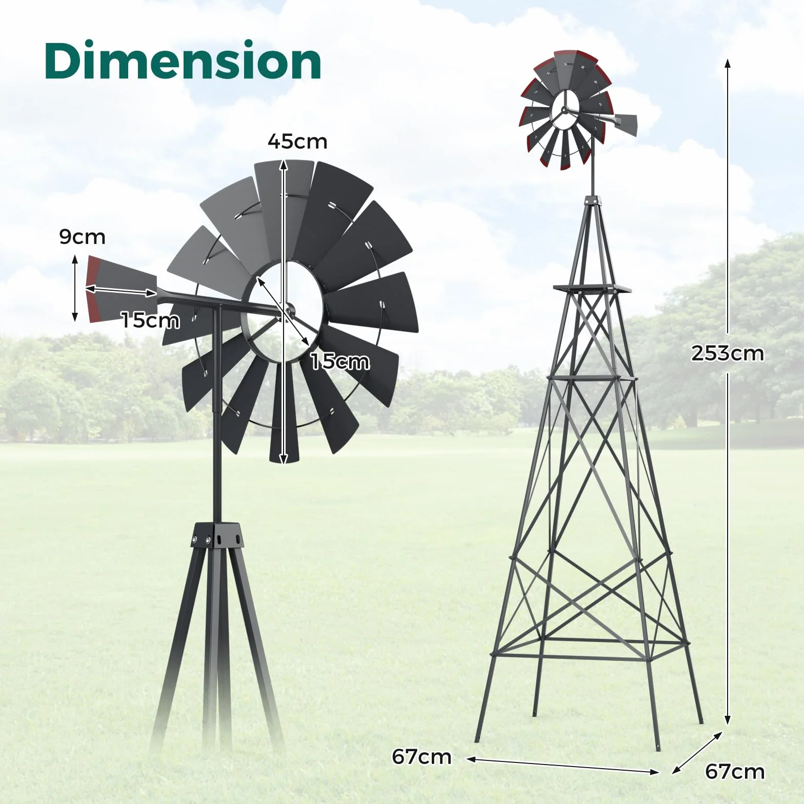 GOPLUS Molino de viento jardín 253 cm carretilla metal 4 pies estacas estructura X rodamiento bolas gris