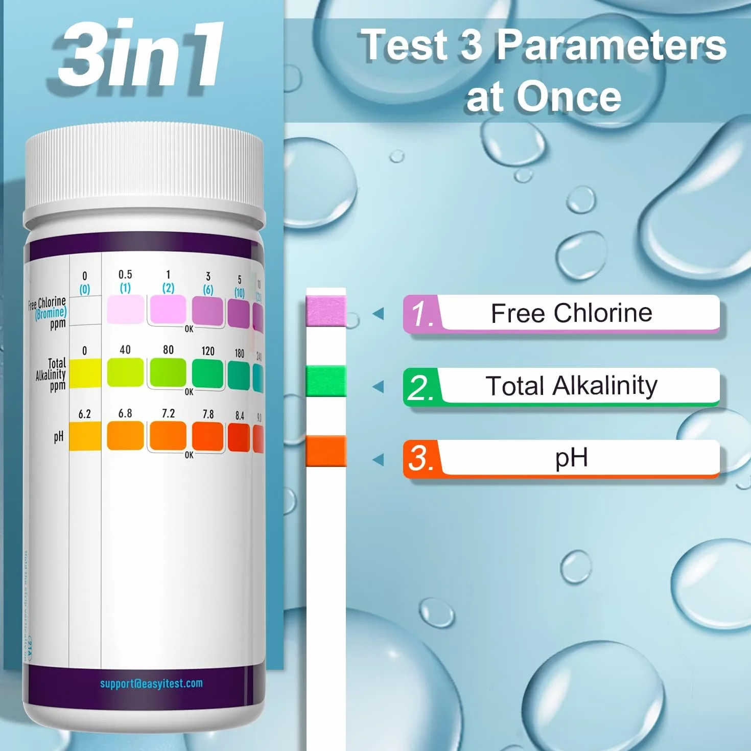 EASYTEST 150 Tiras de Prueba 3 en 1 para Piscina y SPA, Kit de Prueba de Agua pH Alcalinidad Cloro Bromo