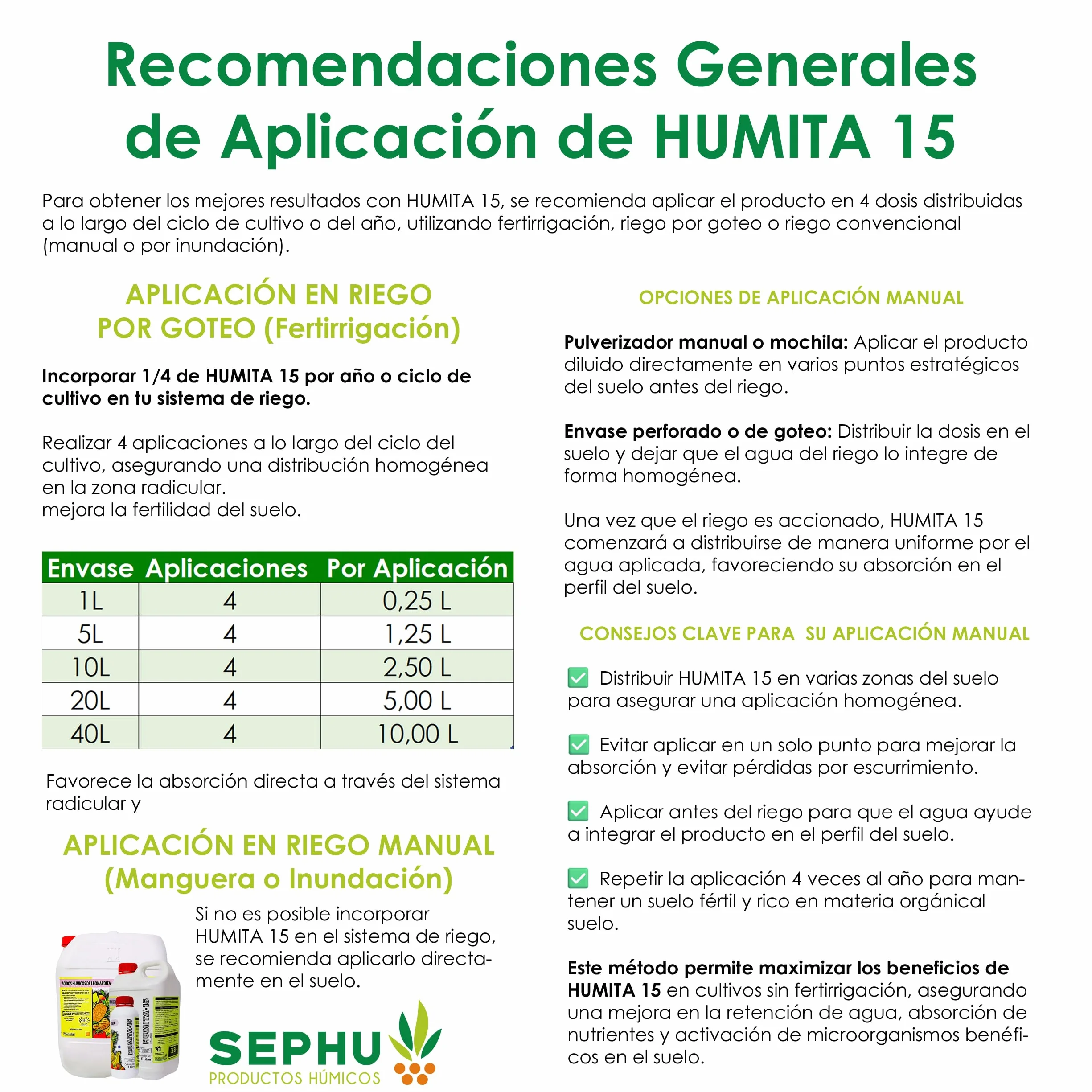 HUMITA 15 Fertilizante Húmico Líquido Ácidos Húmicos y Fúlvicos 10 litros