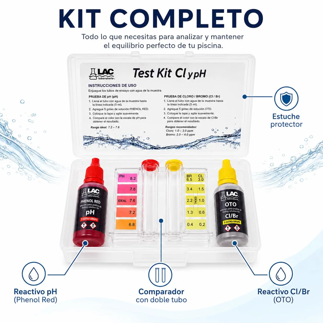 Laboratorios LAC Medidor Cloro y PH Piscinas KIT ANÁLISIS CLORO PH BROMO gotas