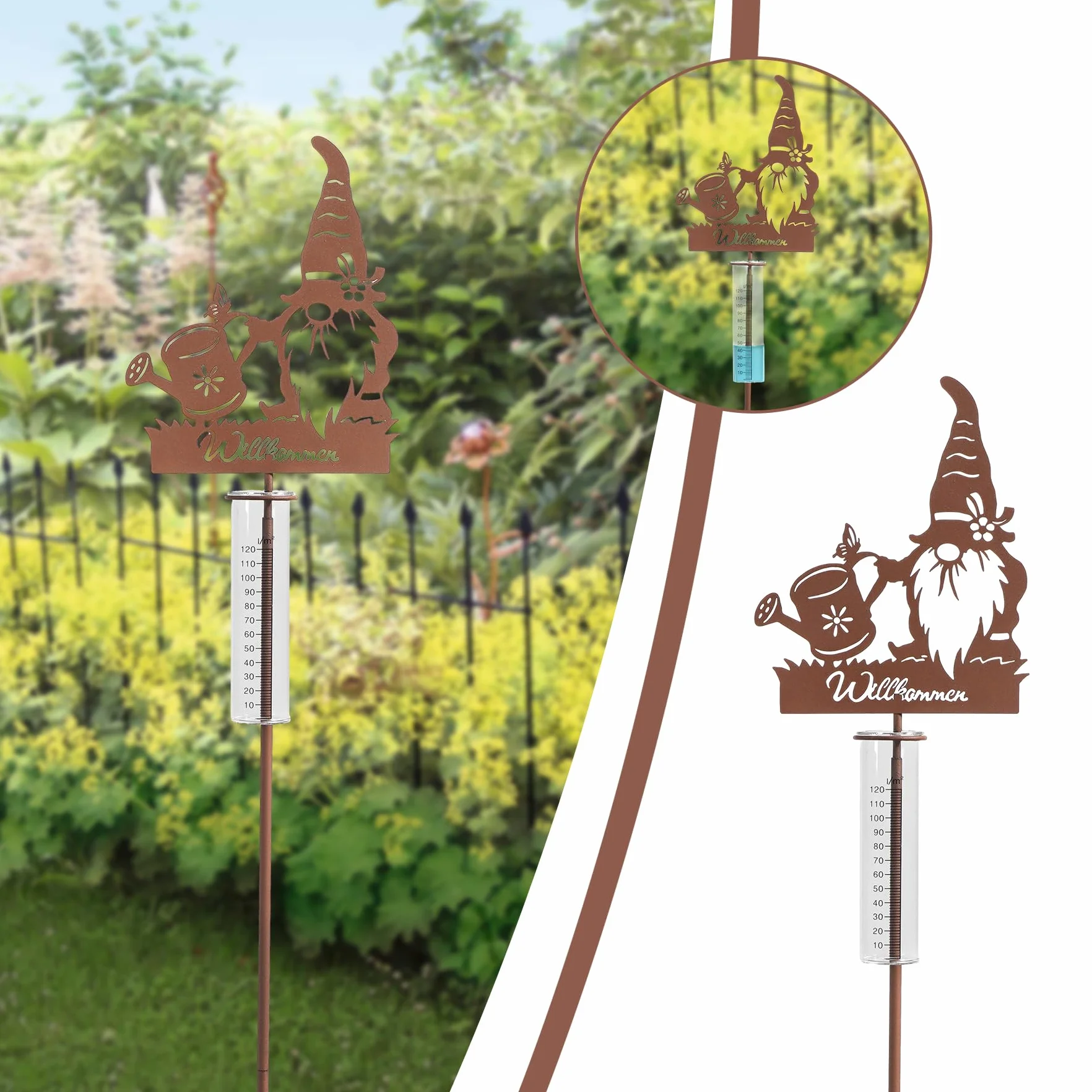 Pluviómetro decorativo de jardín con estaca 100 cm, medidor de agua de lluvia de cristal con diseño enano