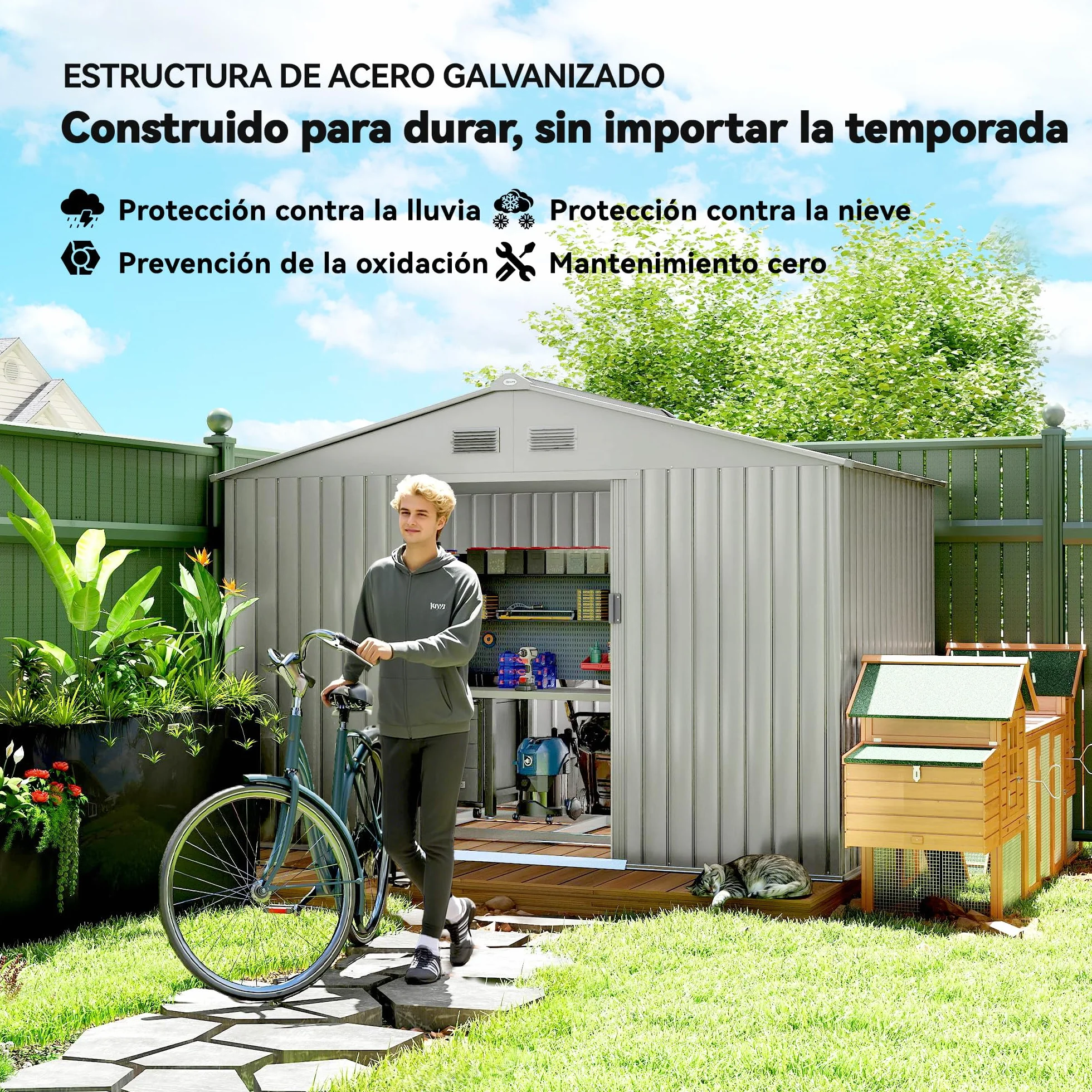 Outsunny Caseta de Jardín Exterior 4,9 m², 277x195x192 cm, Cobertizo Metálico con Puerta Corredera y Ventilación