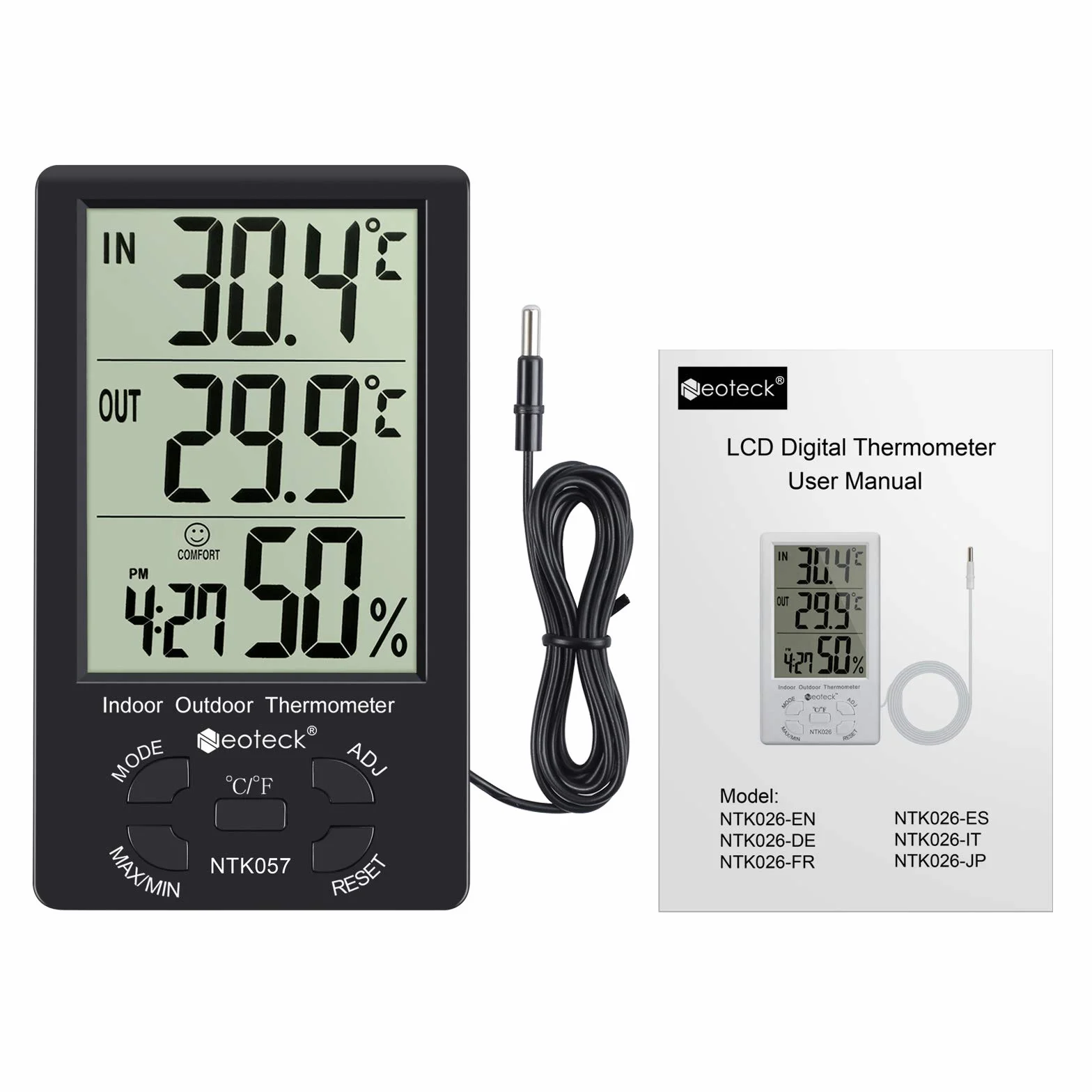Neoteck Termometro Higrometro Digital LCD Interior Exterior con Cable Sensor 1,5m Medidor de Temperatura Humedad Min Max