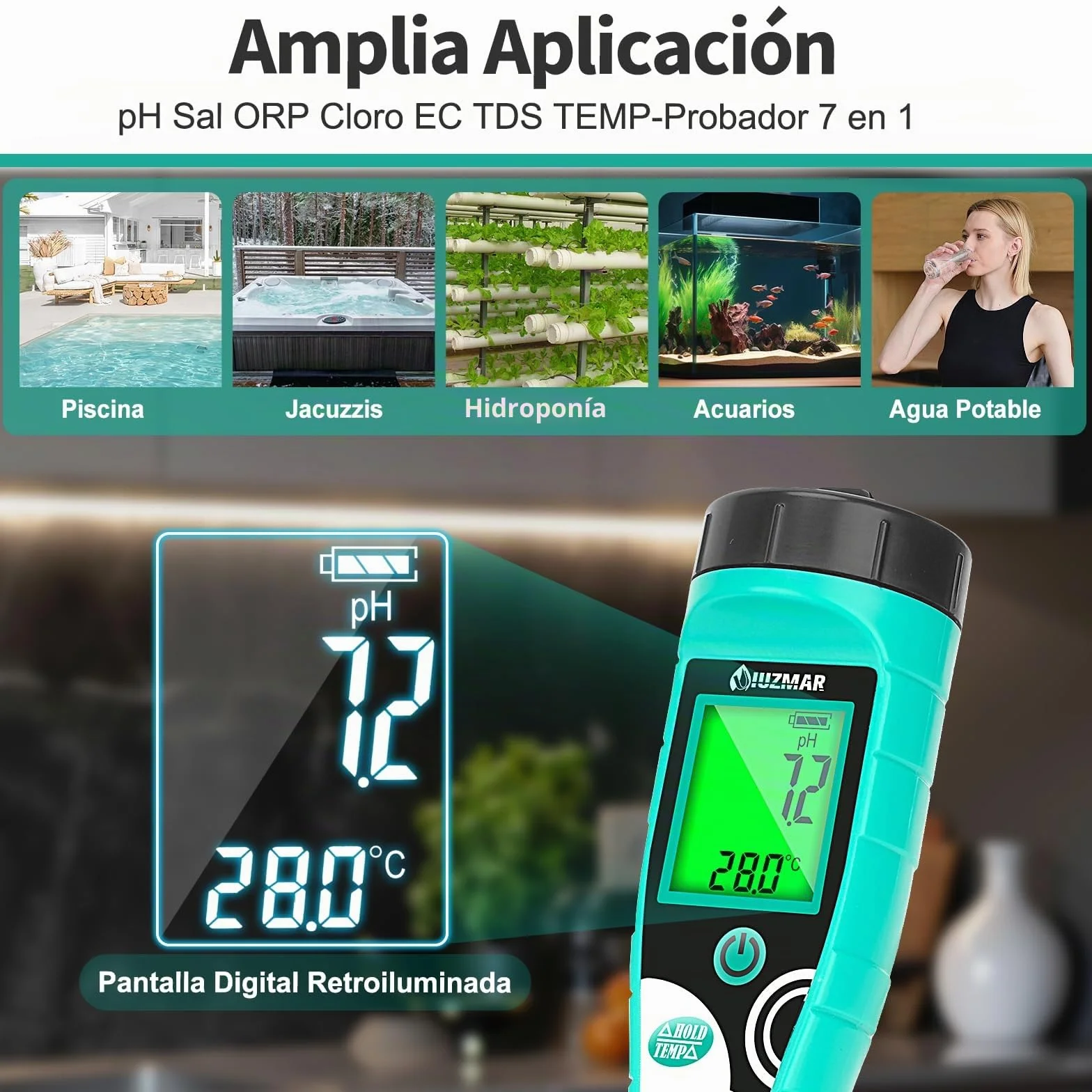 UIUZMAR Medidor de Cloro y pH Piscina, Medidor de Salinidad y Cloro Libre Digital, Comprobador de 7 en 1 pH, EC, TDS, Salinidad, ORP y Cloro para Piscinas, Hidroponía, Acuarios, Spas