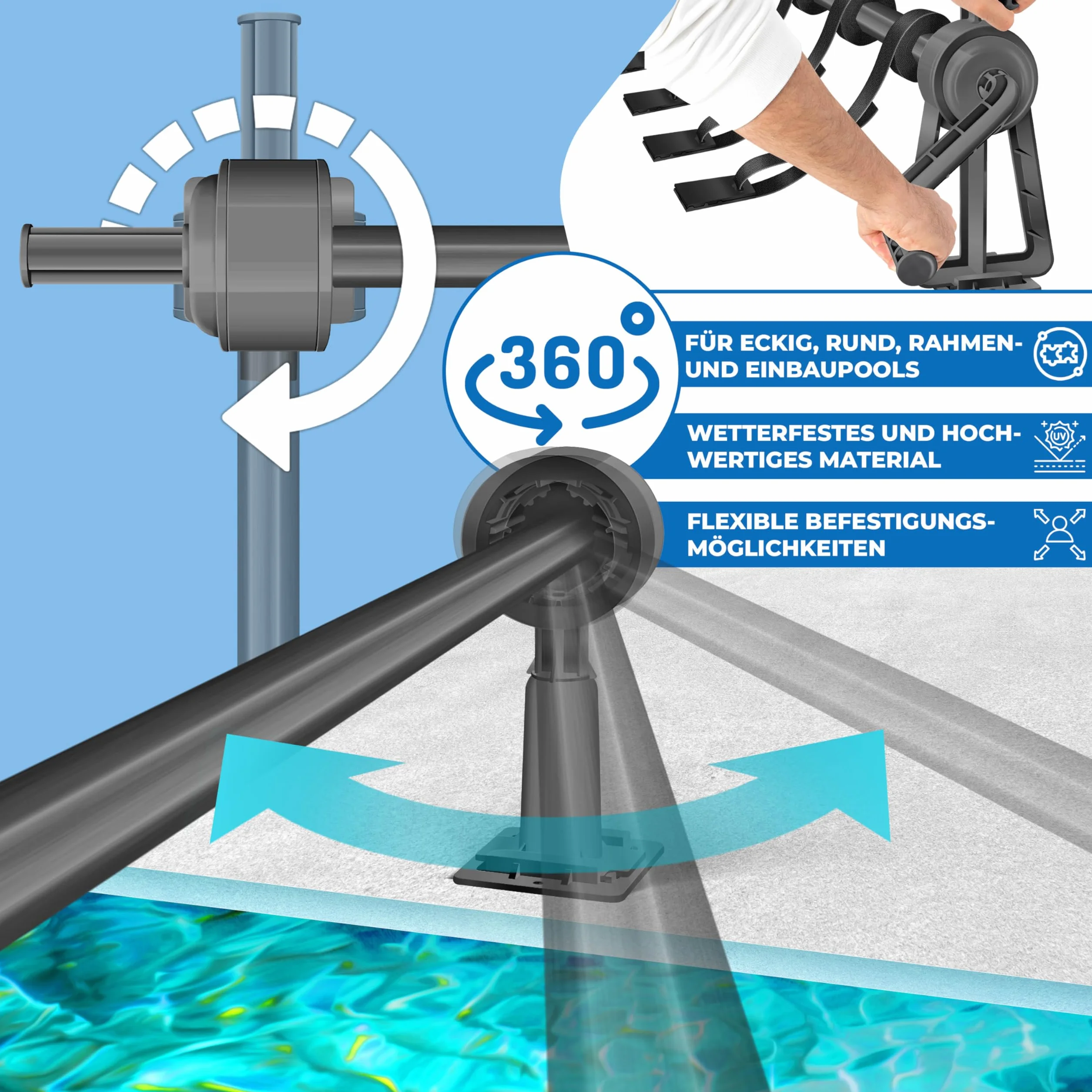 KESSER Enrollador de piscina 1,05 m – 6,15 m para lona solar resistente a la intemperie con cintas cepillo y guantes