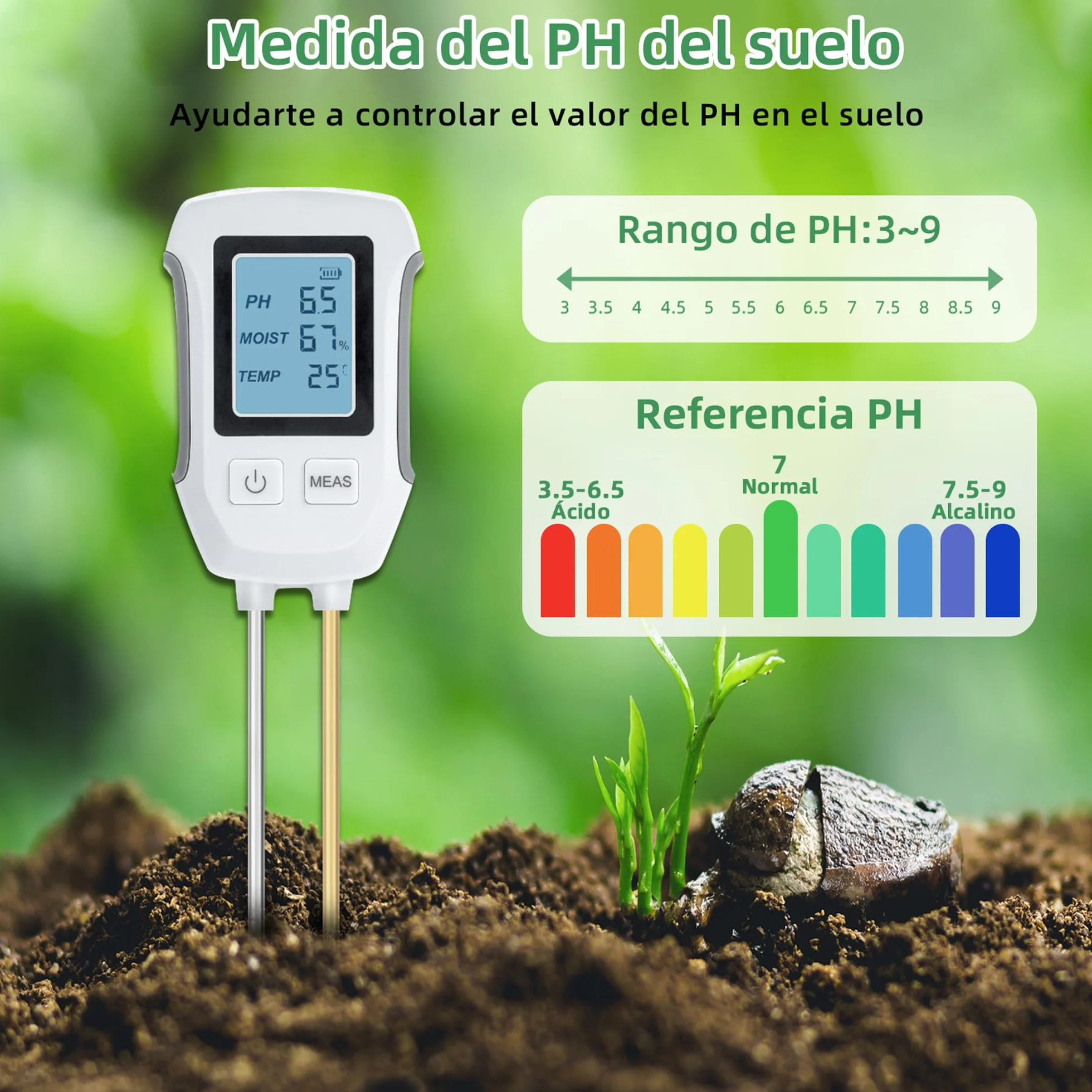 Mcbazel Medidor de Prueba de Suelo 3 en 1, Detección de pH, Temperatura, Humedad con Pantalla LCD Retroiluminada