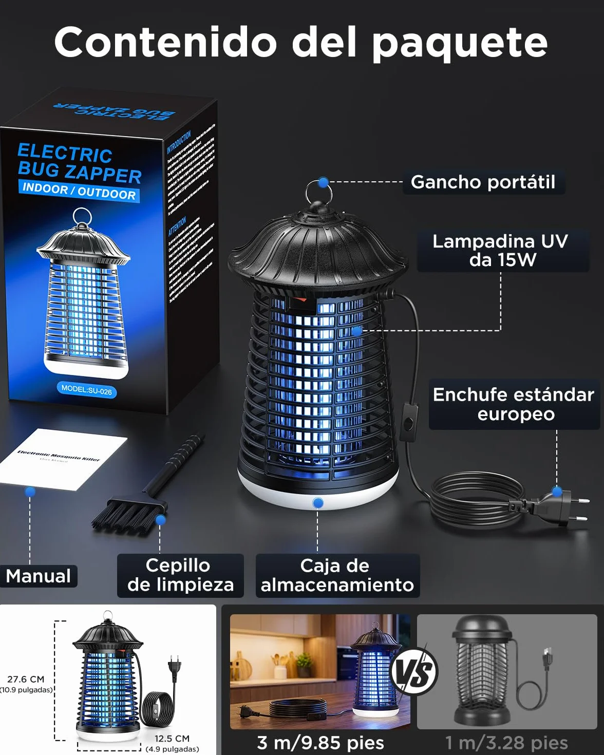 Lámpara Antimosquitos LED VIWAVE 4200V 15W UV Mata Mosquitos Eléctrico Exterior Interior IPX4 150m²
