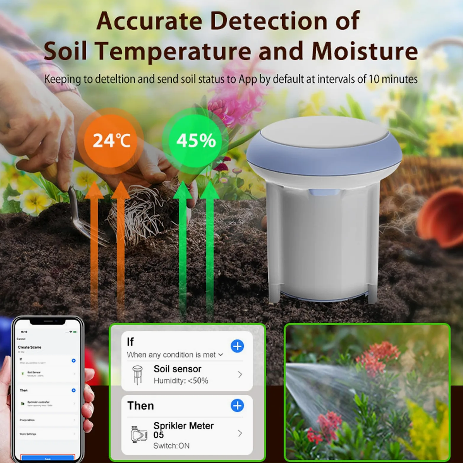 Sensor de Suelo WiFi, Bluetooth Inalámbrico 5.0 IP66 Monitor de Temperatura a Prueba de Agua con Control Remoto de la Aplicación para Plantas en Macetas Cuidado