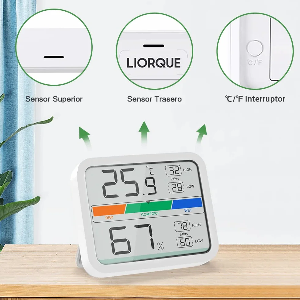 LIORQUE Termómetro Higrómetro Digital Interior Medidor Temperatura Humedad Registro Máximo Mínimo 2 Piezas