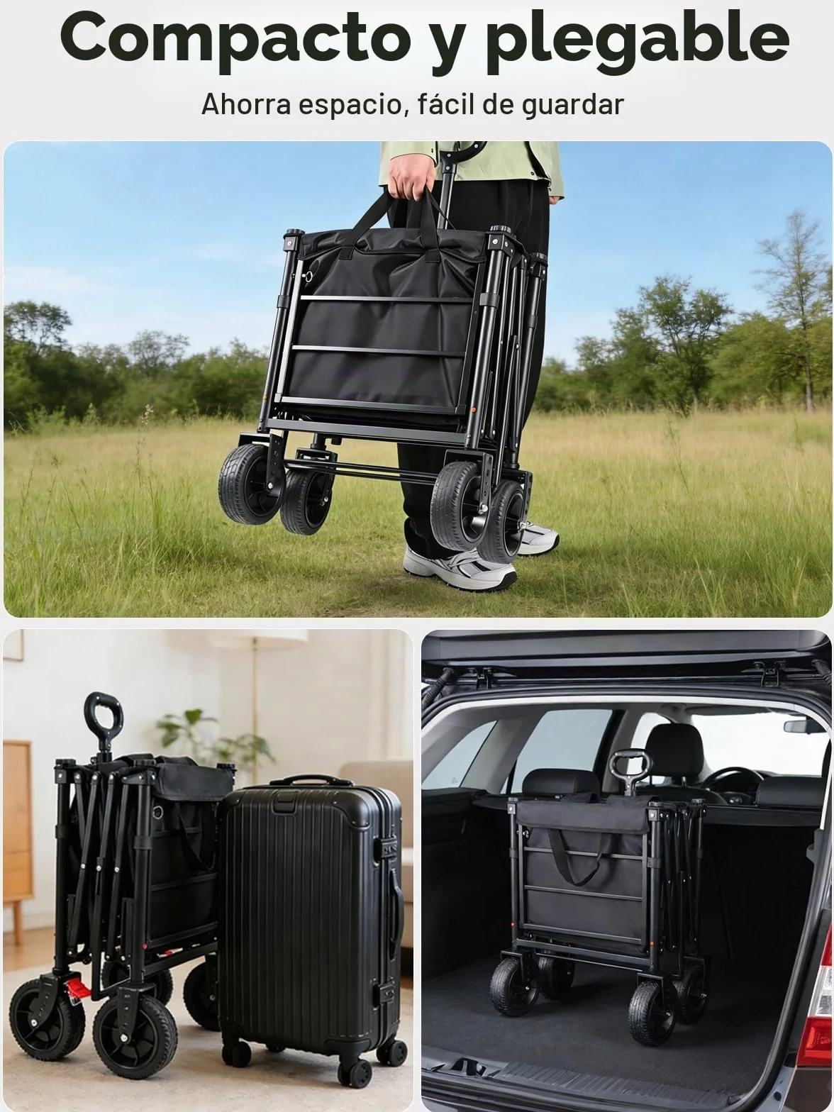 Carro Playa Ruedas Grandes 200kg 160-240L Fondo abatible Frenos Camping Pesca Transporte Familiar Red elástica Negro