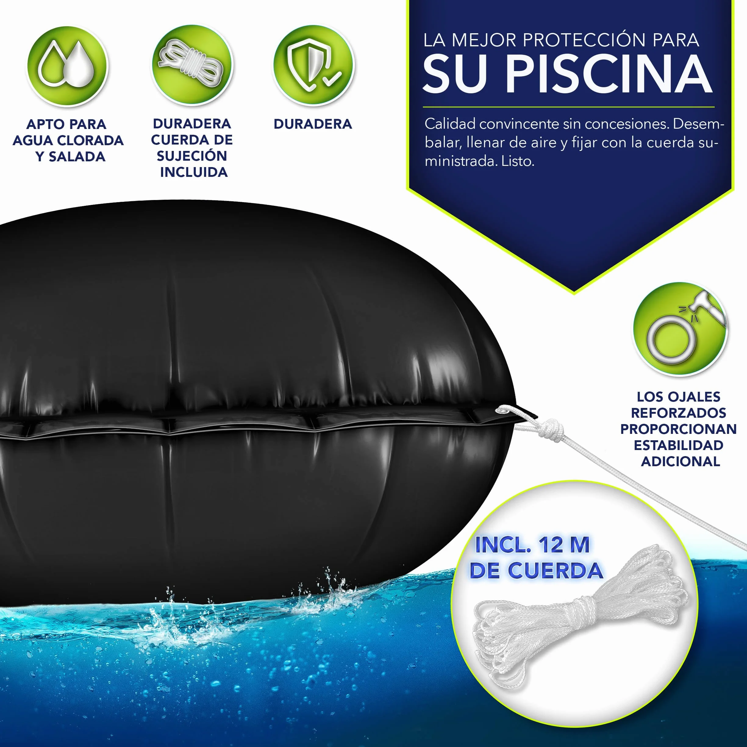Tillvex Cojín de Piscina de Invierno XXL 500 cm Negro con Kit de Reparación, Válvula de Seguridad y Doble Costura