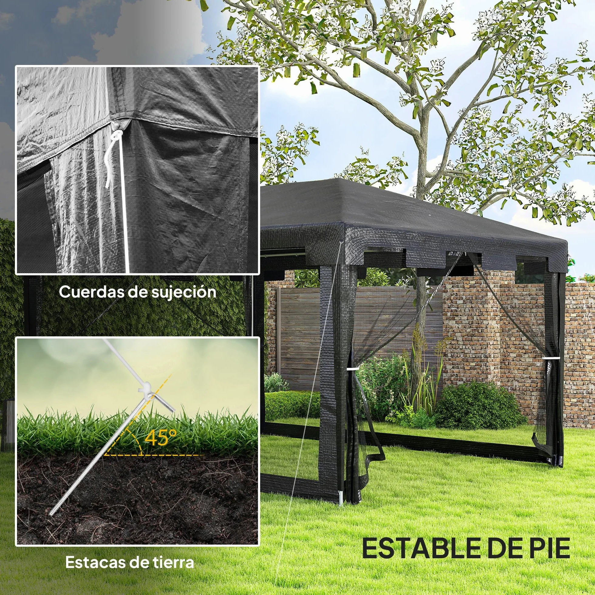 Outsunny Carpa de Jardín 4x3 m Cenador Desmontable Exterior con 4 Mosquiteras Laterales 2 Puertas con Cremallera y 6 Orificios de Drenaje Impermeable Anti-UV para Terraza Patio Playa Gris Oscuro