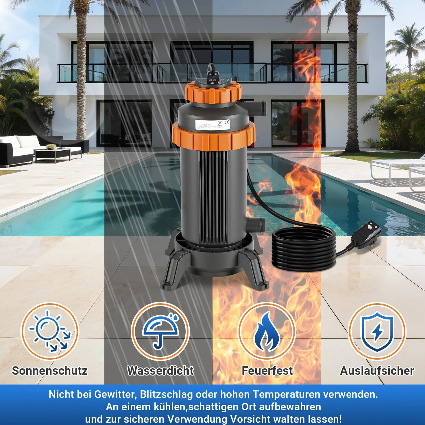 Calentador de piscina 3000 W 17 x 42 cm diámetro pantalla digital almacenamiento automático de calor