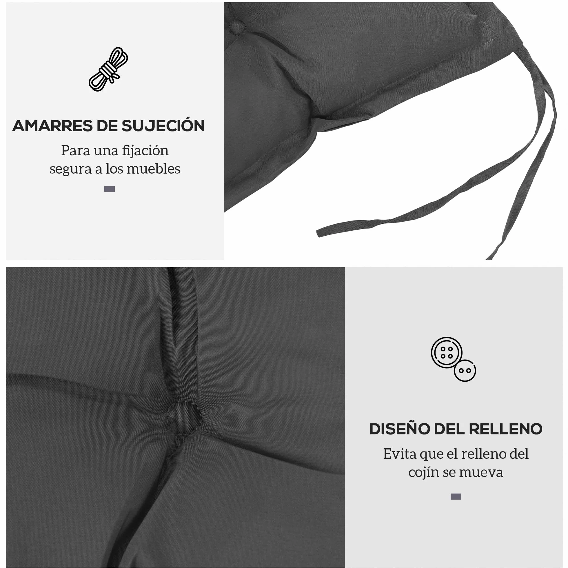 Outsunny Cojín para Banco de Jardín Acolchado 100x40x10 cm Cojín Rectangular para Interior y Exterior con Relleno Grueso y Cintas de Sujeción Gris Oscuro