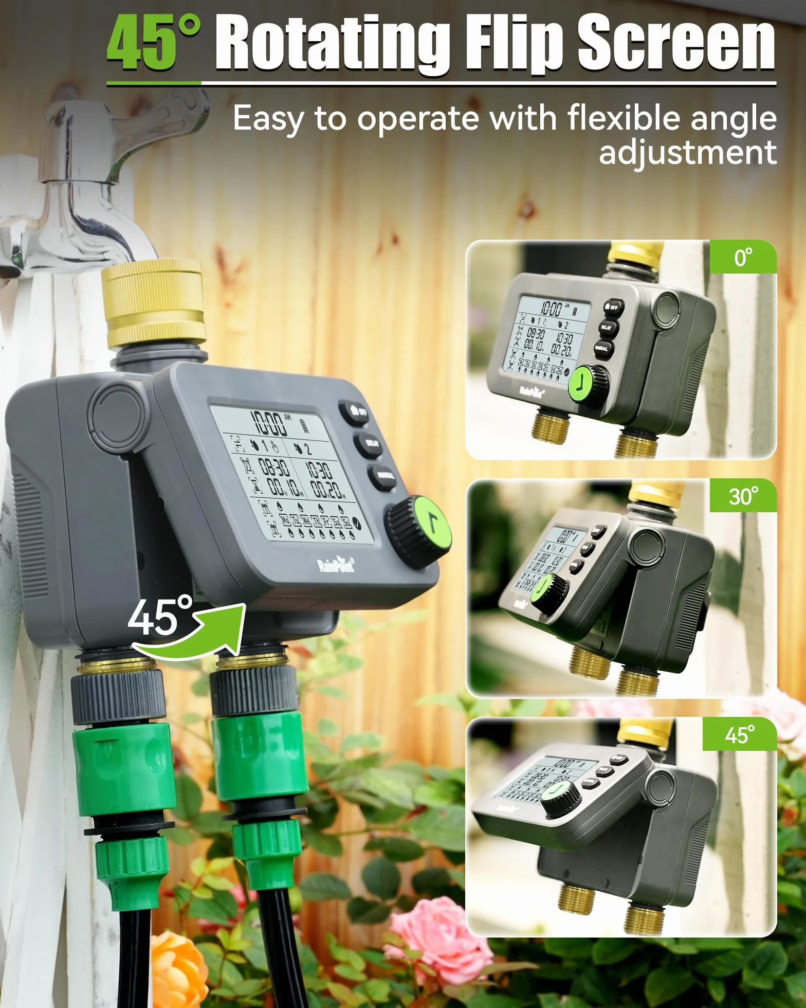 RAINPOINT Programador Riego 2 Salidas, Temporizador Automatico con Retardo de Lluvia, Pantalla LCD