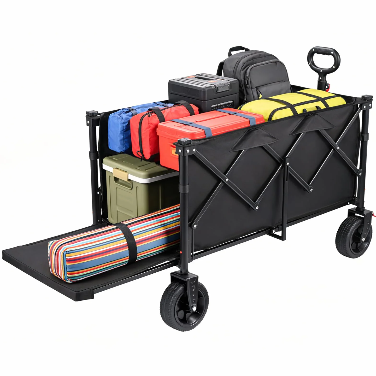 Carro Playa Ruedas Grandes 200kg 160-240L Fondo abatible Frenos Camping Pesca Transporte Familiar Red elástica Negro