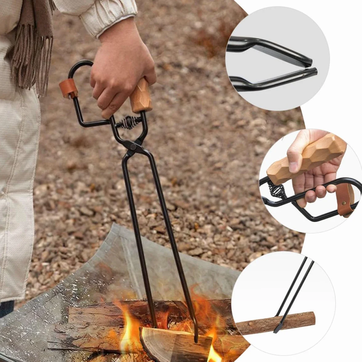 Pinzas de carbón para exteriores para barbacoa y fogata, acero resistente al calor con mango de madera antiquemaduras, accesorio portátil para acampar y asar