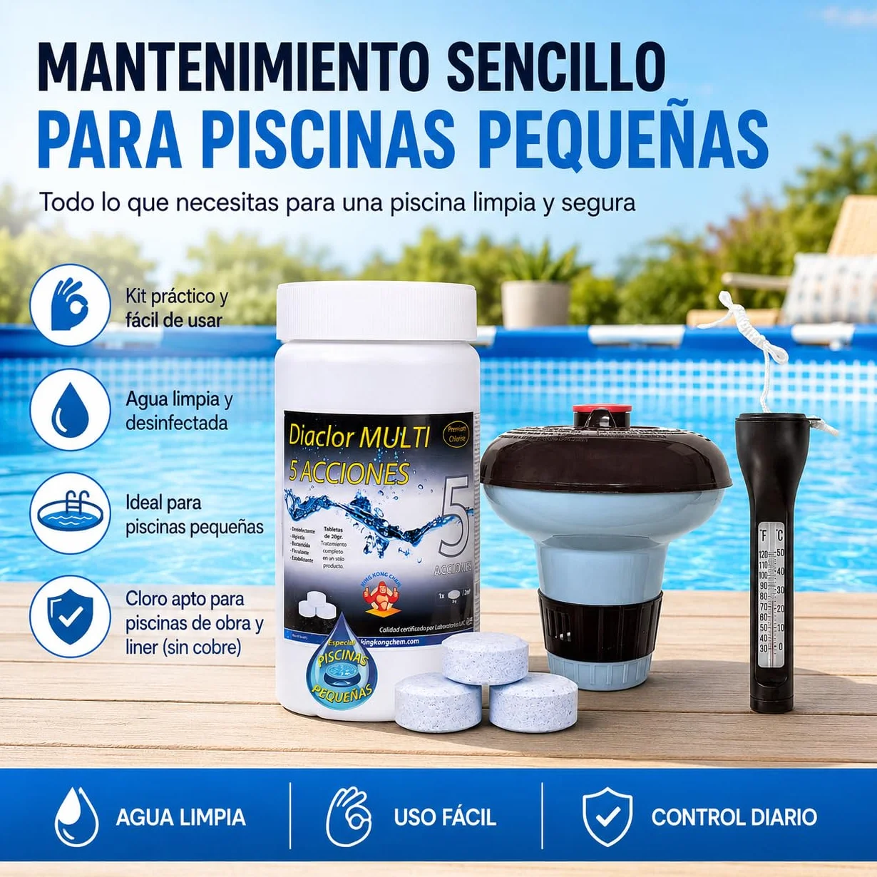 Kit Cloro Piscinas Pequeñas DIACLOR Multi 5 ACCIONES 1 KG Pastillas 20 GR SIN Cobre + DOSIFICADOR + TERMÓMETRO