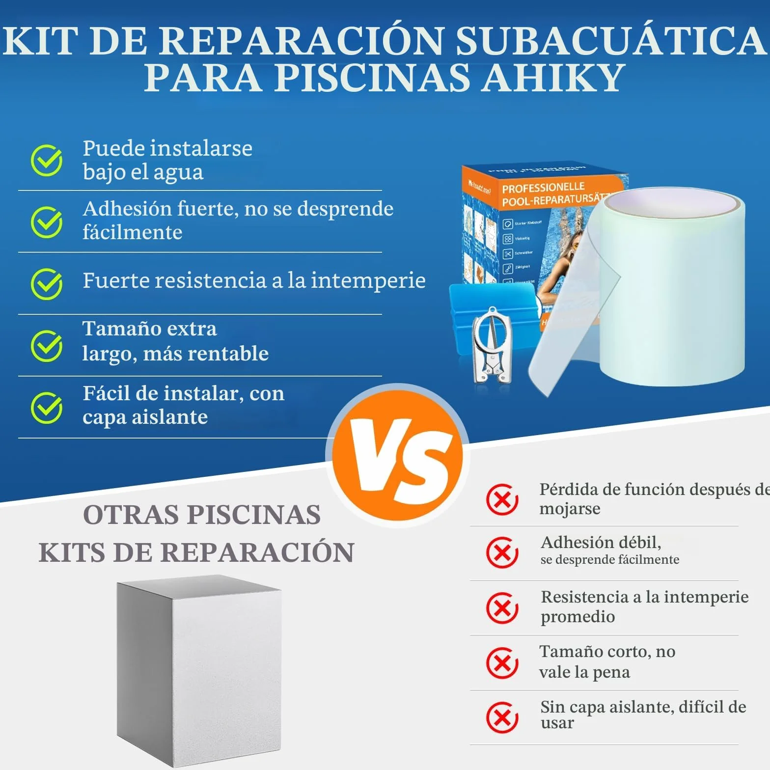 Kit de Reparación Liner Piscinas Cinta Adhesiva PVC 10cm x 250cm Parche Bajo Agua