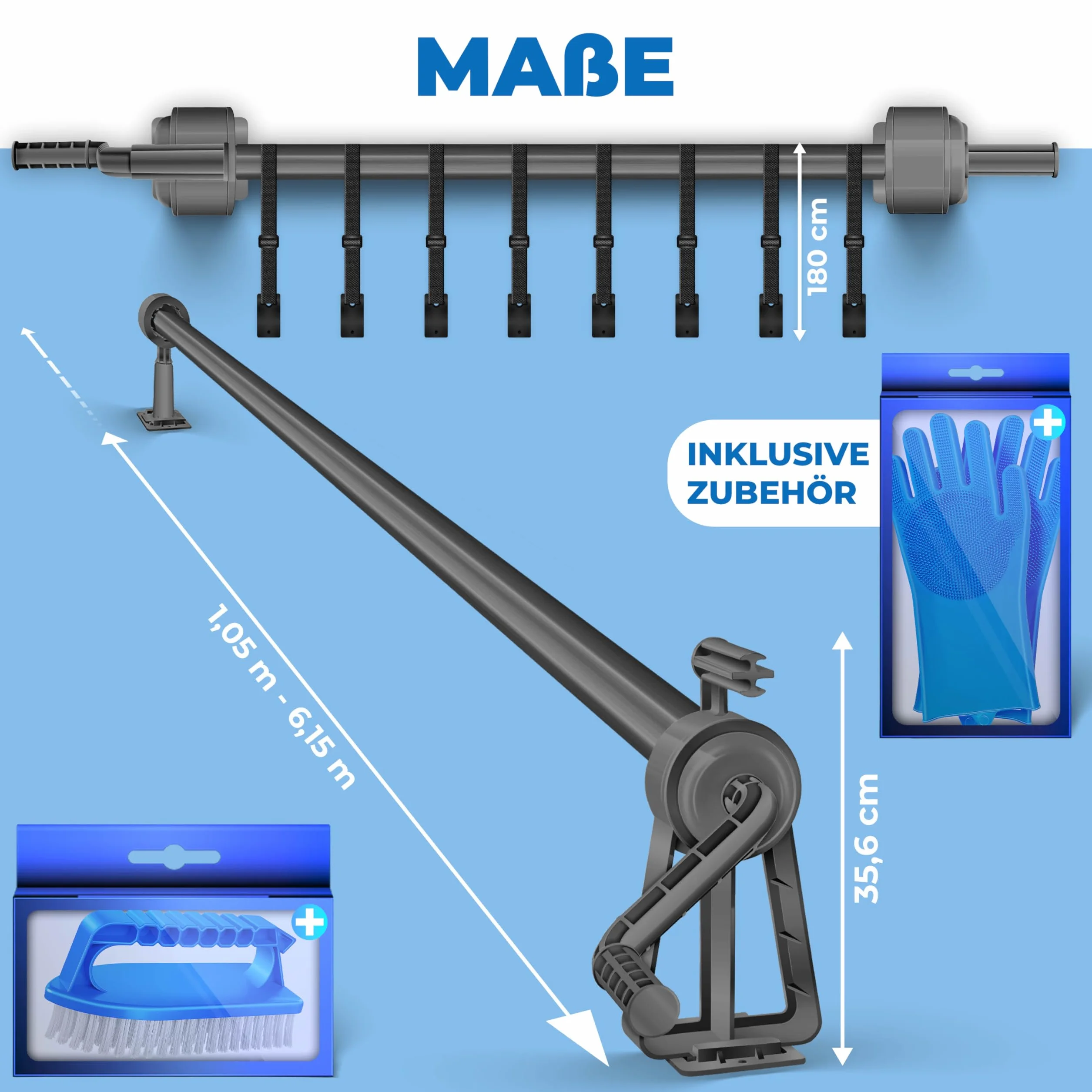 KESSER Enrollador de piscina 1,05 m – 6,15 m para lona solar resistente a la intemperie con cintas cepillo y guantes