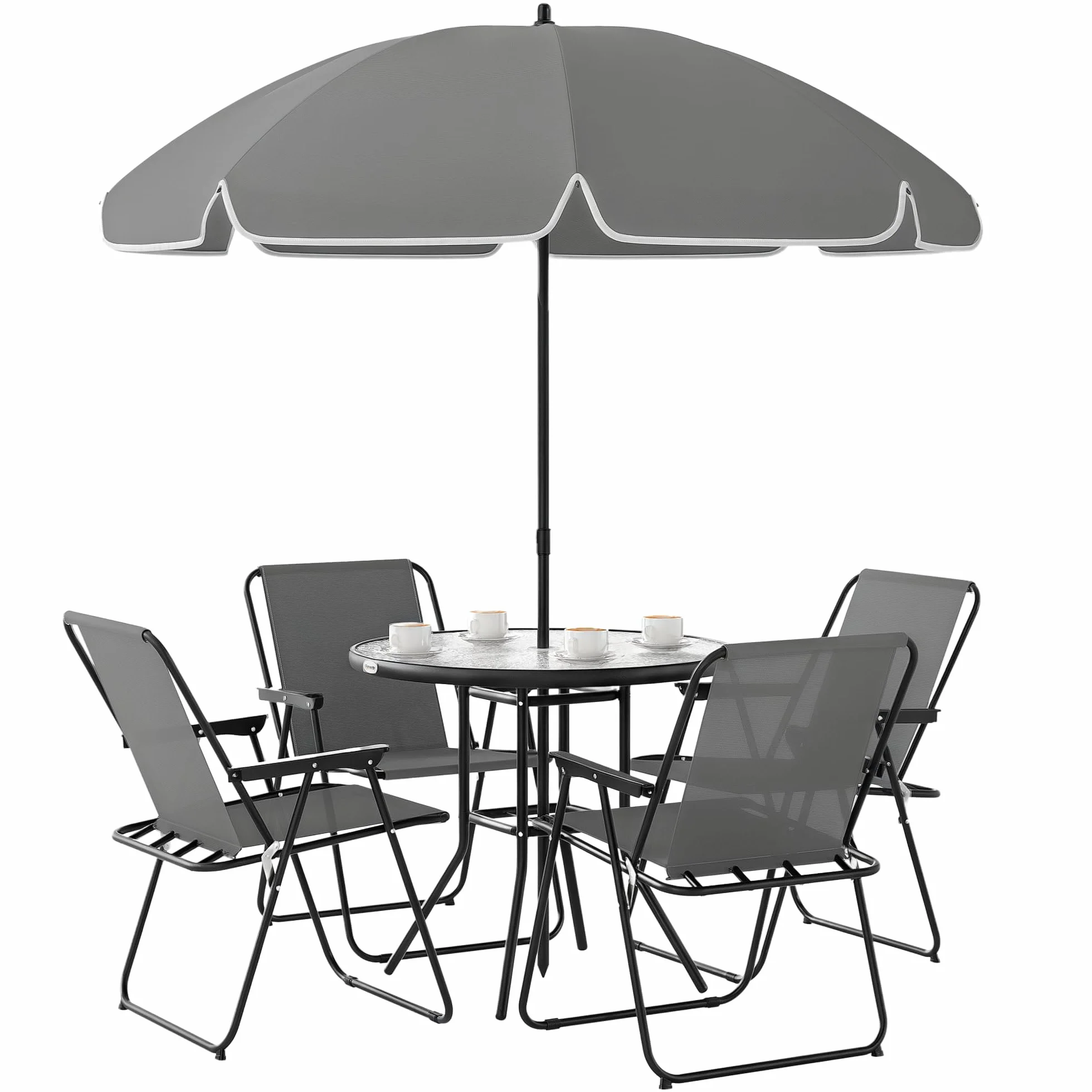 Outsunny Conjunto de Mesa y Sillas Jardín de 6 Piezas Muebles de Jardín Exterior con 4 Sillas Plegables Mesa de Vidrio y Sombrilla para Terraza Patio Gris