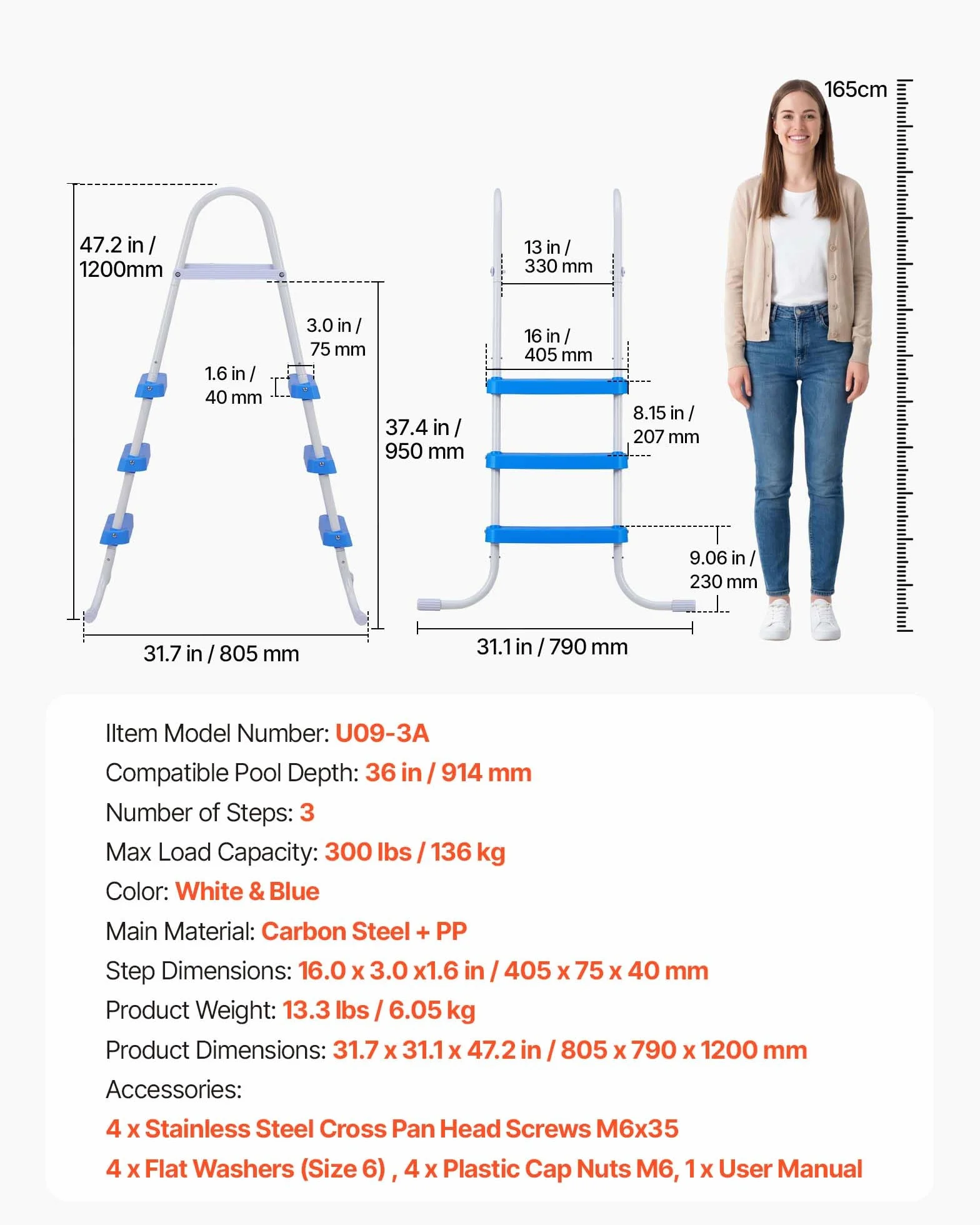 VEVOR Escalera para Piscina Desmontable 3 Peldaños 136 kg Acero al Carbono Antideslizante Pasamanos Ergonómicos