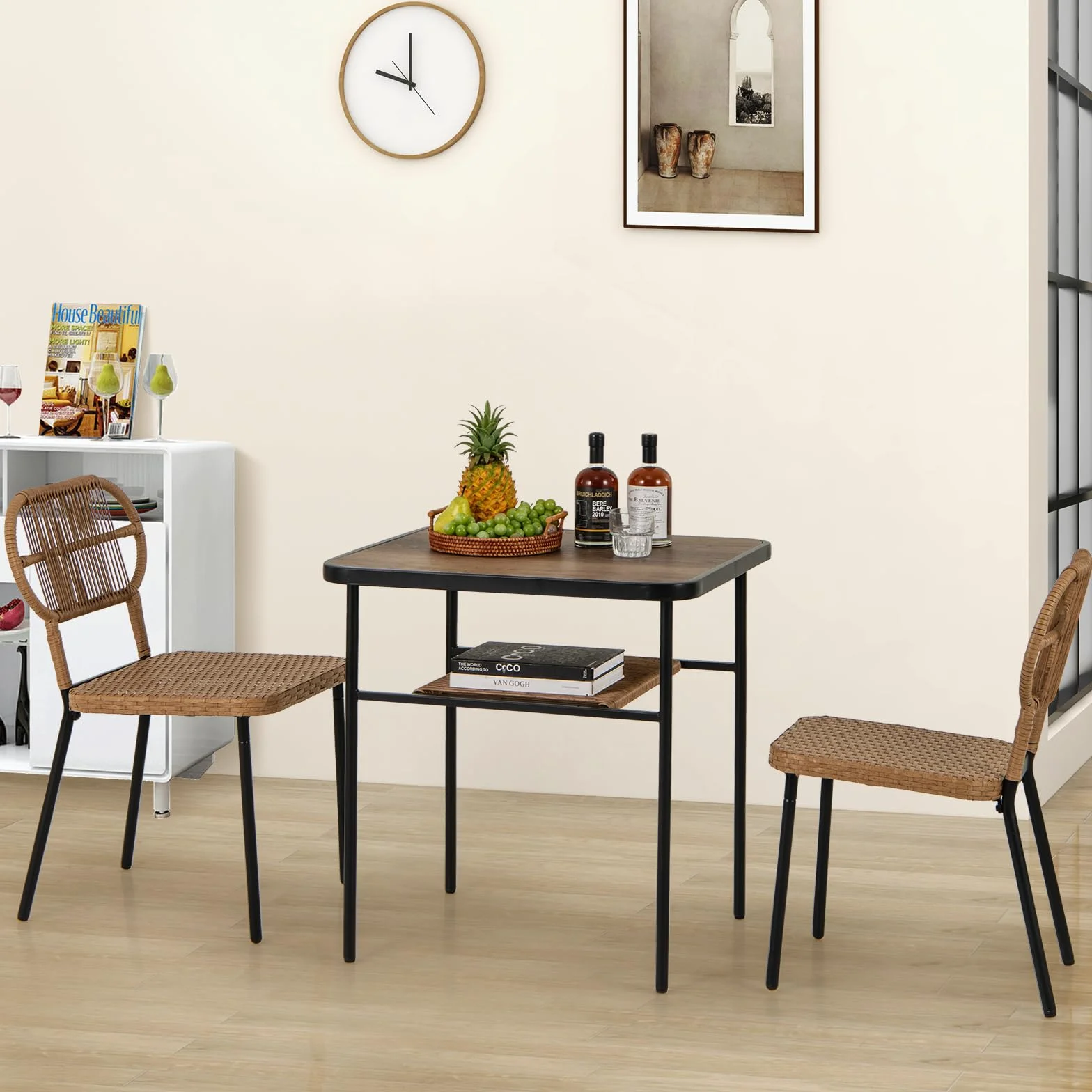 COSTWAY Conjunto Jardin Exterior de 3 Piezas, 2 Sillas de Ratán Apilables y Mesa de Comedor con Estante, Mesa y Sillas Jardin Terraza Balcon Interior Exterior