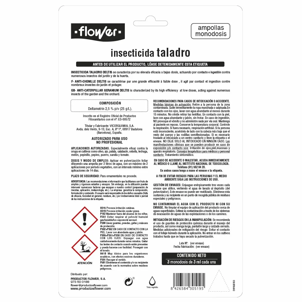 Antitaladro del Geranio Monodosis 3x3 ml Insecticida contra Oruga Taladro Acción por Contacto e ingestión