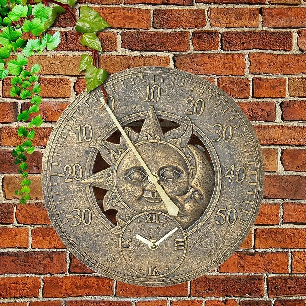 Termómetro de jardín analógico de pared bronce sol y luna 30 cm vintage resistente intemperie estación meteorológica
